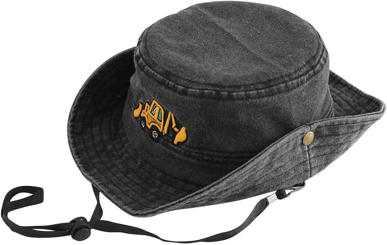 Excavator Embroidered Kids Sun Hat for Boys Girls UPF 50+ Cotton Washed Bucket Cap Wide Brim Toddler Fishing Hat Summer Beach Hat Safari Hat