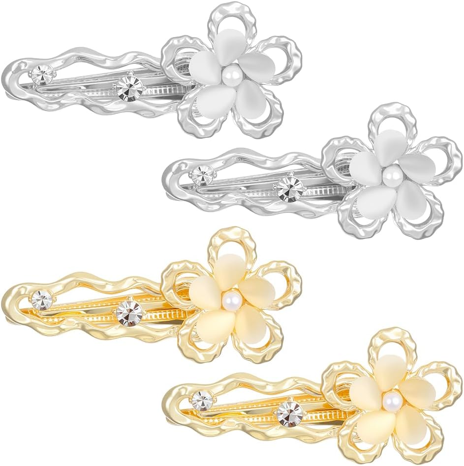HOBBIESAY Pack of 4 Flower Click Hair Pins, Alloy Rhine, Stone Blumenclip, Gold and Silver, Cute Hair Clips, Beautiful Hair Accessories for Women, Party, Festival, Decoration, 2 Colours, 1.1 X 2.3 image number 2