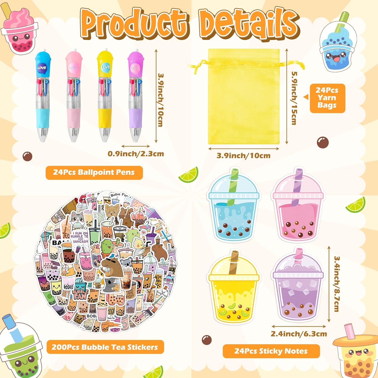 CY2SIDE Bubble Tea Stationery Party Gift - 24 Pack Boba Milk Tea Prizes Set Include 4-In-1 Ballpoint Pens Sticky Note Sticker and Organza, Birthday Party Favor Goodie Bag Fillers for School Rewards image number 2