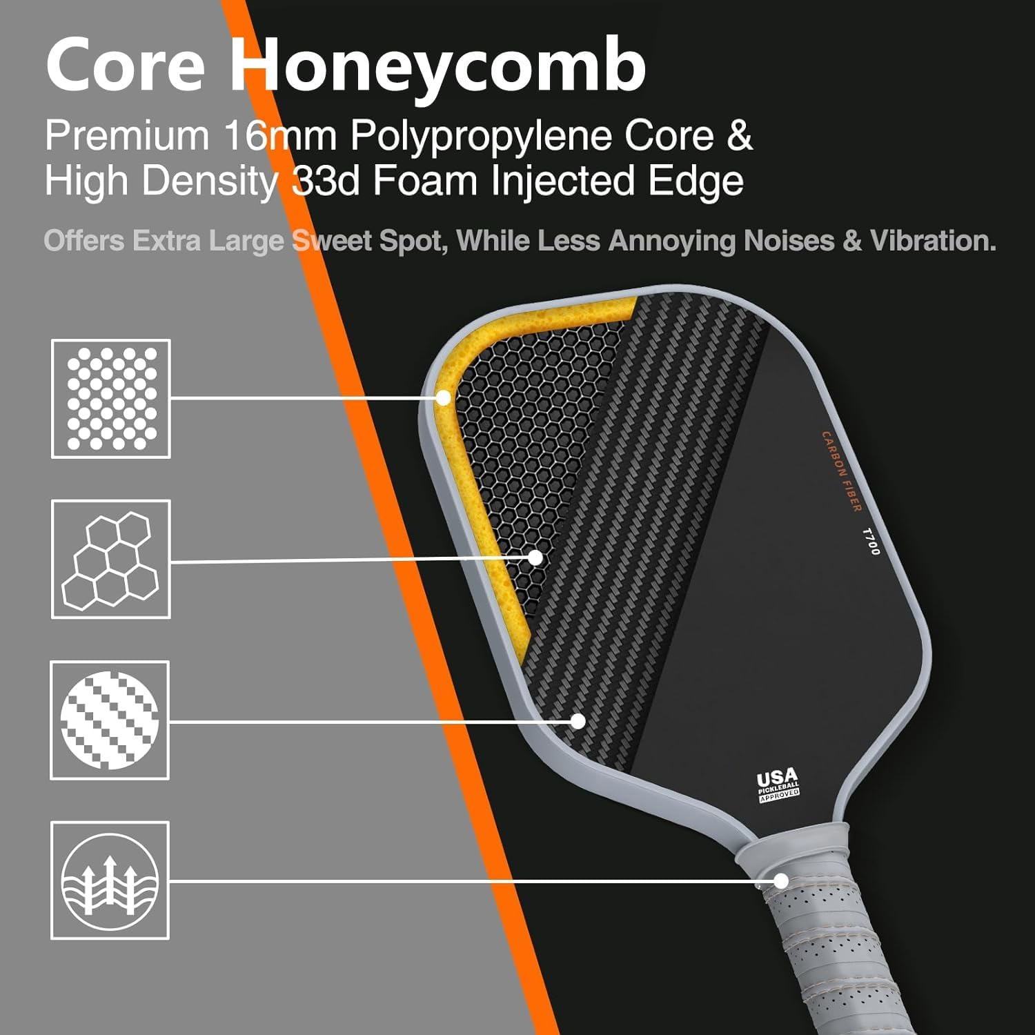 Pickleball Paddles,Carbon Fiber Raw Toray T700 with 16 Mm Polypropylene Honeycomb Core, the Pickleball Rackets Designed for Ultimate Spin & Consistency image number 3