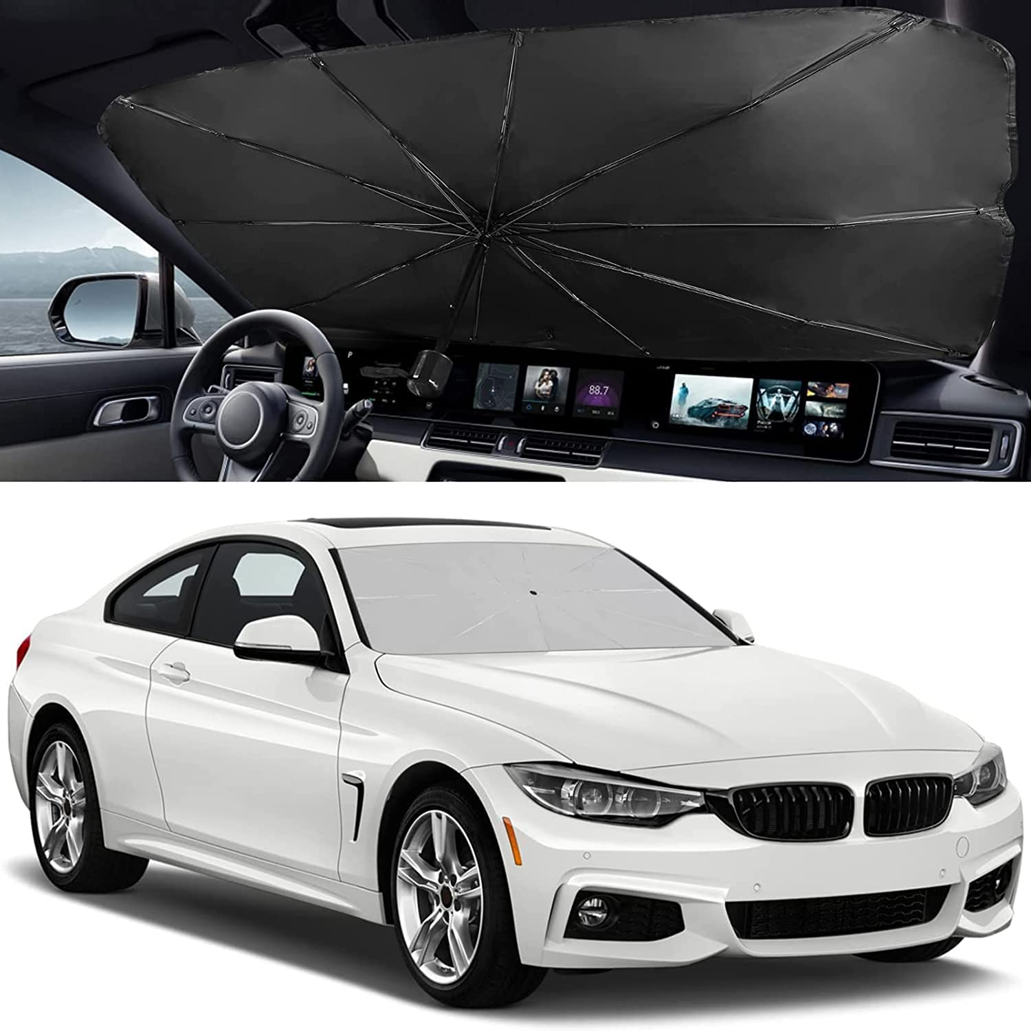 Car Windshield Sunshade Umbrella,Foldable Front Window Sunshade, UV Protection Sun Shade Umbrella with 2 Side Window Suns,Windshield Cover 55"X31"For Most Car image number 5