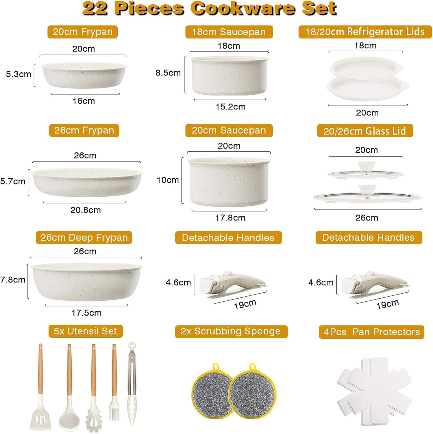 22 Piece Pots and Pans Set, Nonstick Cookware Sets Removable Handles, Cream Induction Cookware Non Stick Cooking Set W/Frying Pans & Saucepans(Pfos, PFOA Free) image number 6
