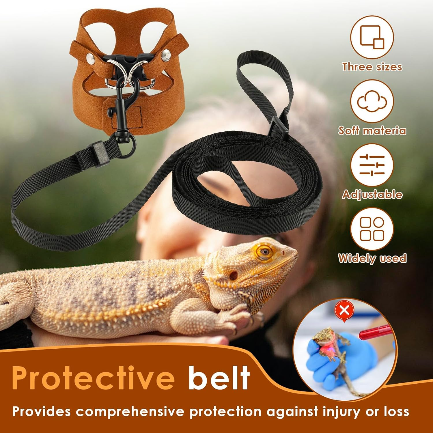 3 Pack Bearded Dragon Harness and Leash Adjustable Soft Leather Lizard Harness 3 Sizes with Leash Accessories for Bearded Dragon Lizard Squirrel image number 5