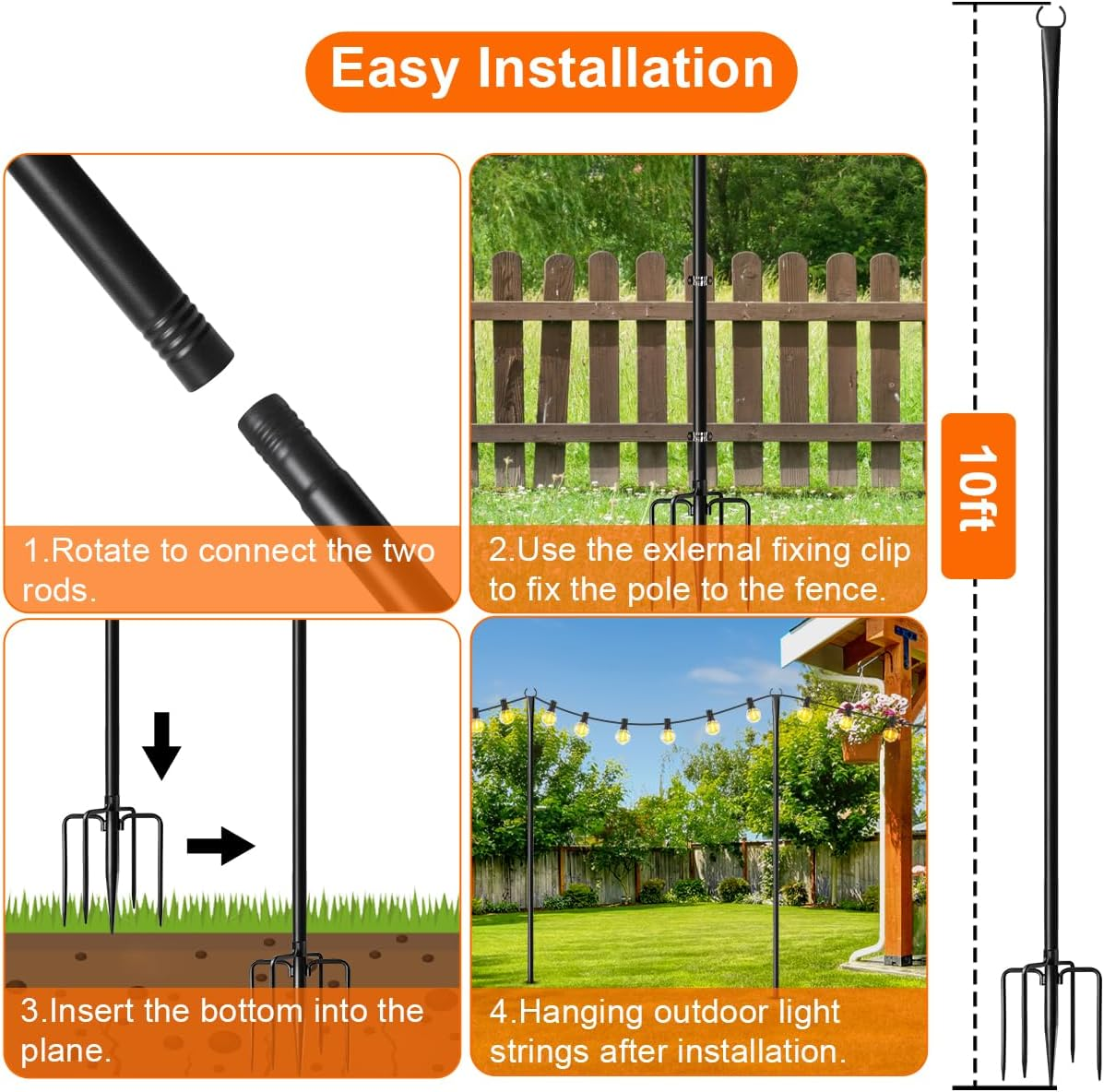 Mulivid 6 Pack String Light Poles for Outdoor,Metal Light Hanging Pole outside with Fork,Light Stand for Patio, Pergola, Garden, Backyard, Yard, Camping Party image number 6