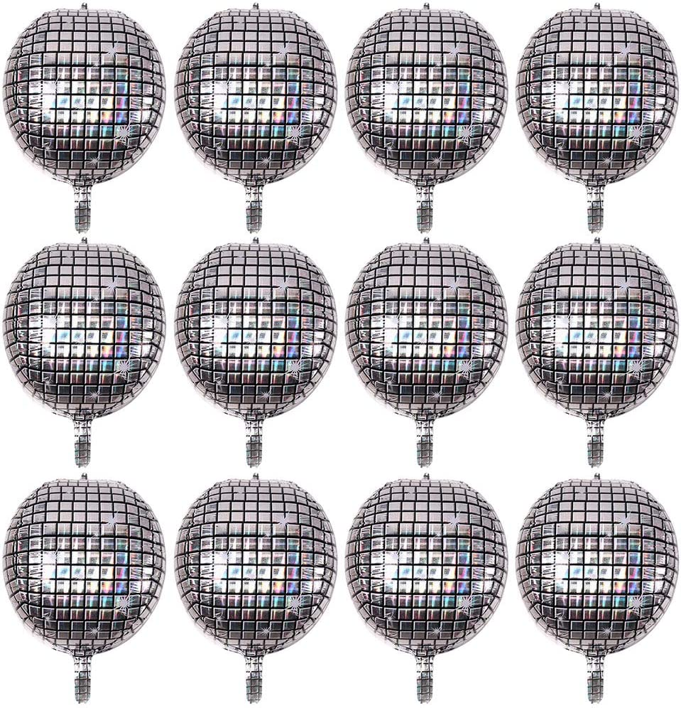 12PCS 22 Inch Disco Laser Ball Balloon 4D Large Silver Inflatable Sphere Hangable Self-Sealing Aluminum Foil Metallic Mirror Balloon for Dance Party Birthday Wedding Baby Shower Decorations image number 1
