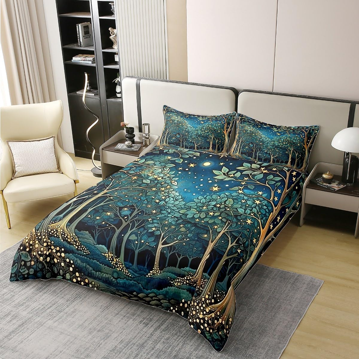 Fantasy Stars 100% Cotton Duvet Cover 155 X 220 Cm Bohemian Night Bedding Set for Women Girls Botanical Forest Tree Retro Art Dreamy Bed Linen Abstract Mysterious Aesthetic Room Decor Bed Set image number 6