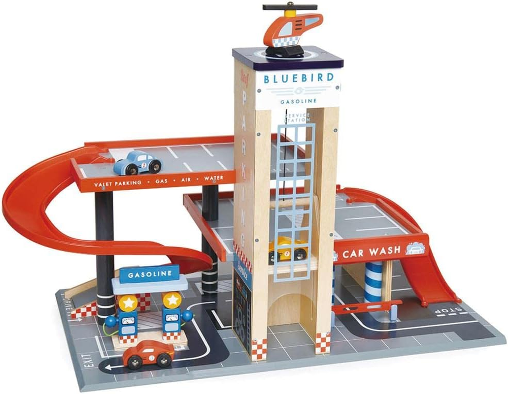 Tender Leaf Toys - Blue Bird Service Station - Classic Wooden Garage and Service Station for Cars and Helicopter with Ramps, Petrol Pumps and Car Wash Center - Imaginary and Roleplay for Children 3+ image number 6
