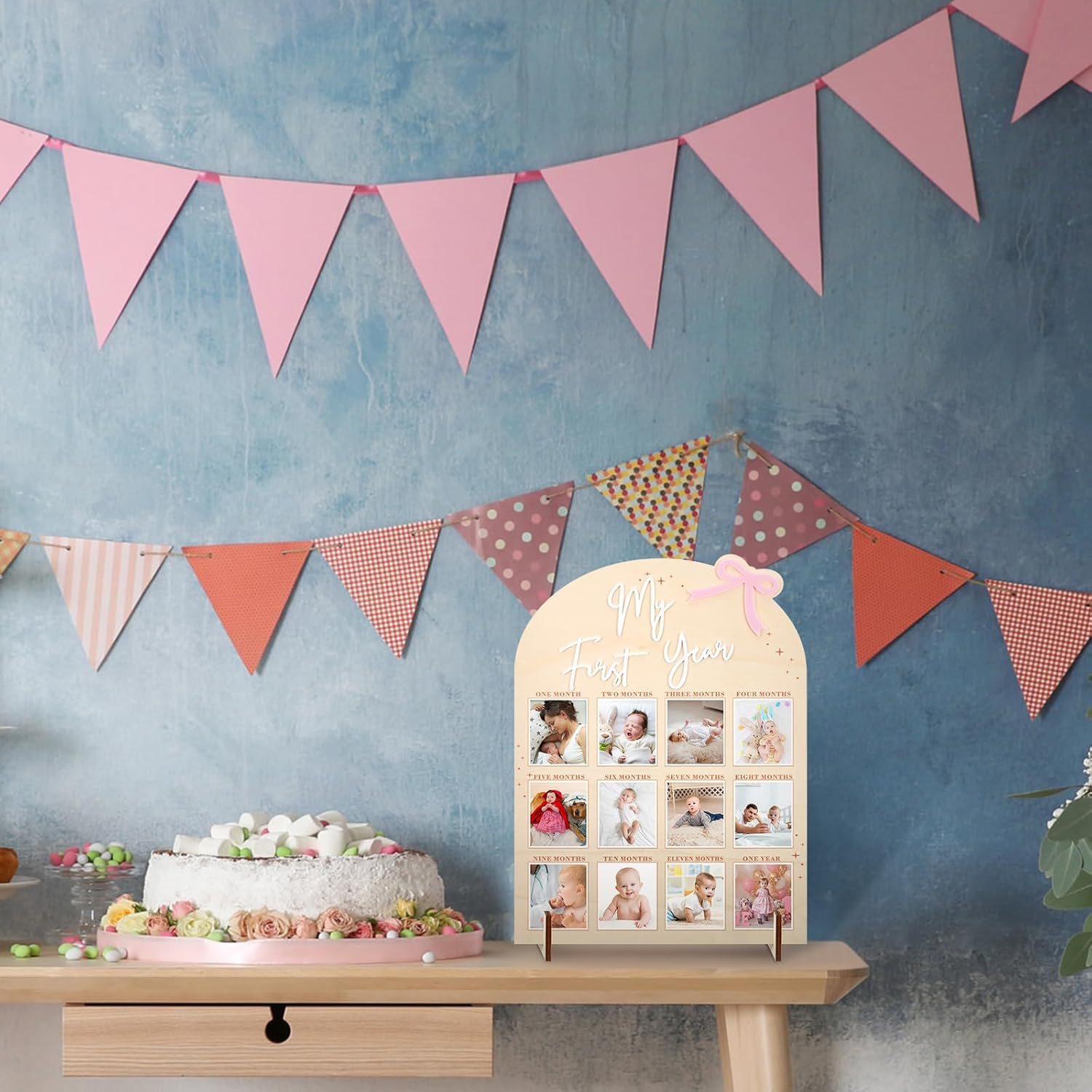 Weysat Pink Bow My First Year Photo Board, Wood 3D Coquette One Year of Photo 12 Months Monthly Milestone Board Picture Display Frame 1St Birthday Decorations Gift Bow Nursery Decor image number 6