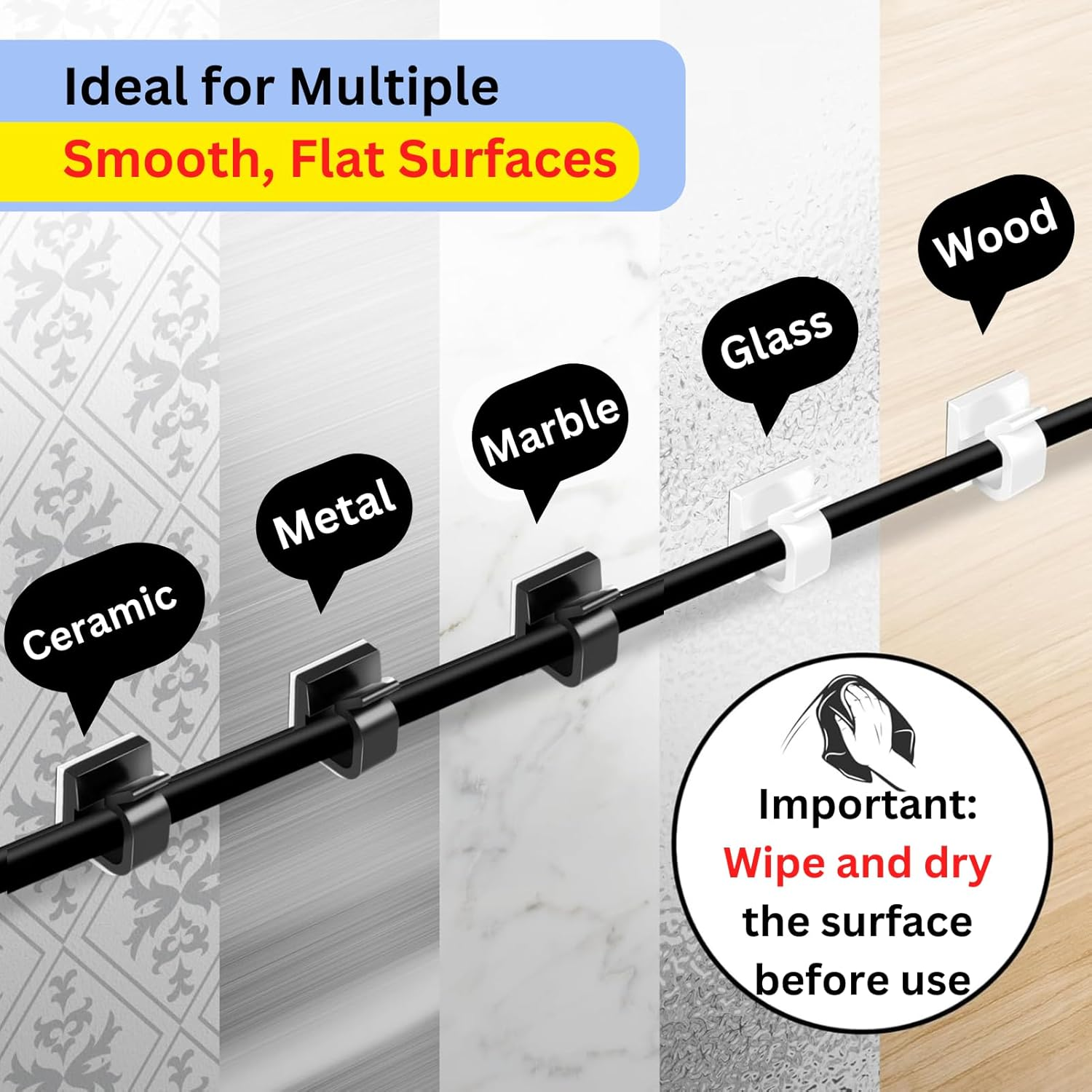 100PCS Adhesive Cable Clips (Large, White&Black), Upgraded Wall Wire Holder Cord Organizer for Cable Management under Desk, Hide Cable, Light Clips Hooks for LED, HDMI, Eetension Cord image number 6