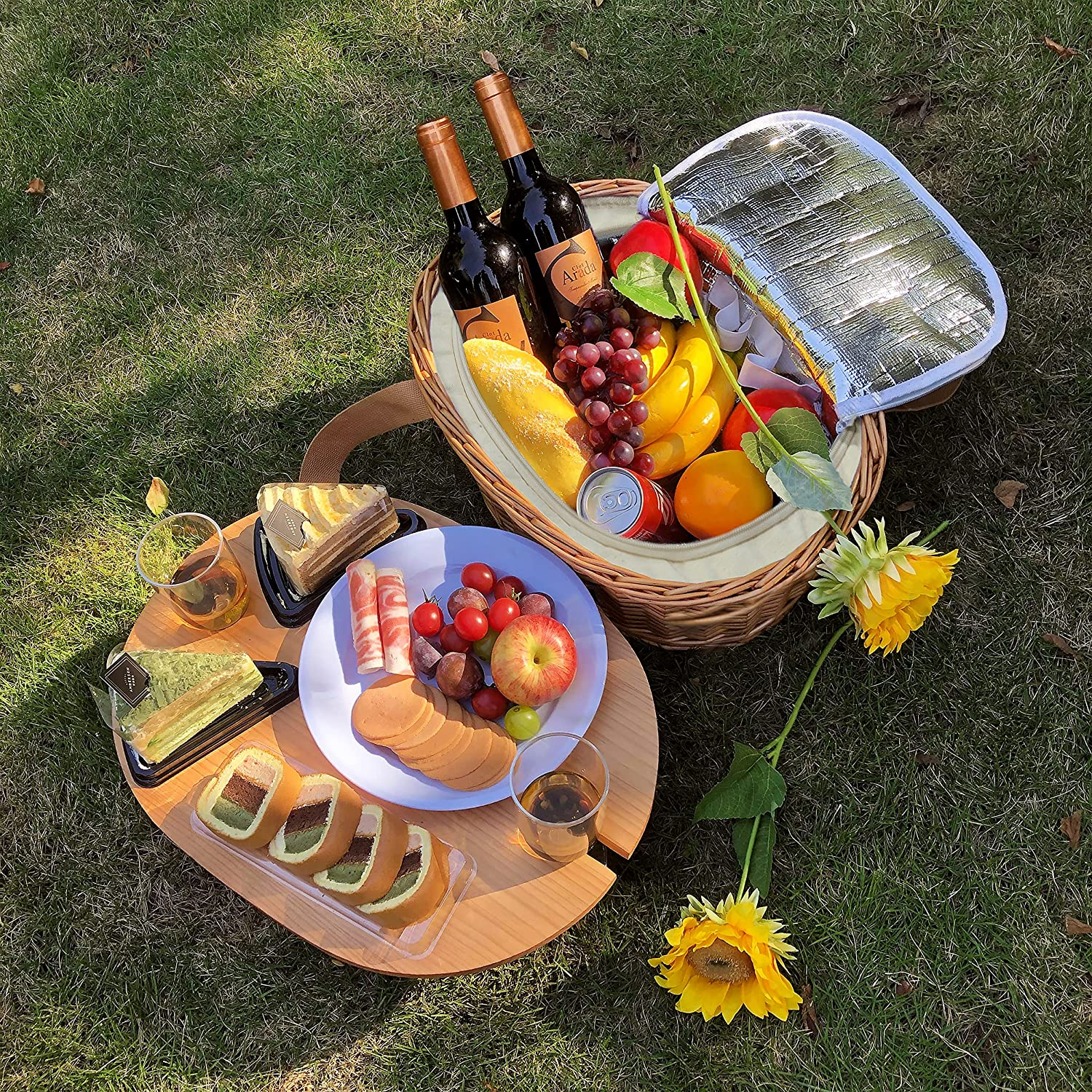 Hap Tim Wicker Picnic Basket Set for 4 with Mini Folding Wine Picnic Table & Large Insulated Cooler Bag & Cutlery Service Kits for 4 Person, Couples Gifts, Wedding Gifts (AU2209-4-CM) image number 1