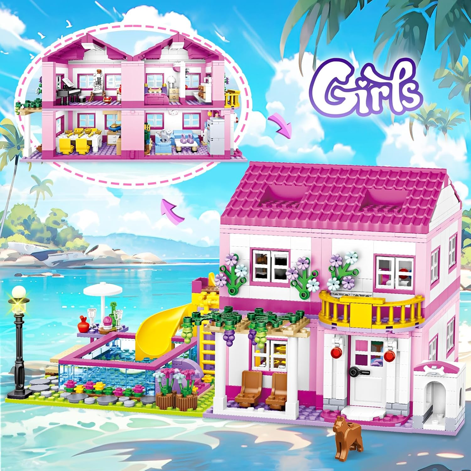 Pink Girls Summer Villa Friends Building Set Compatible with  Friends Construction Educational Toy for Kids Age 8-12 and up 1018 PCS image number 2