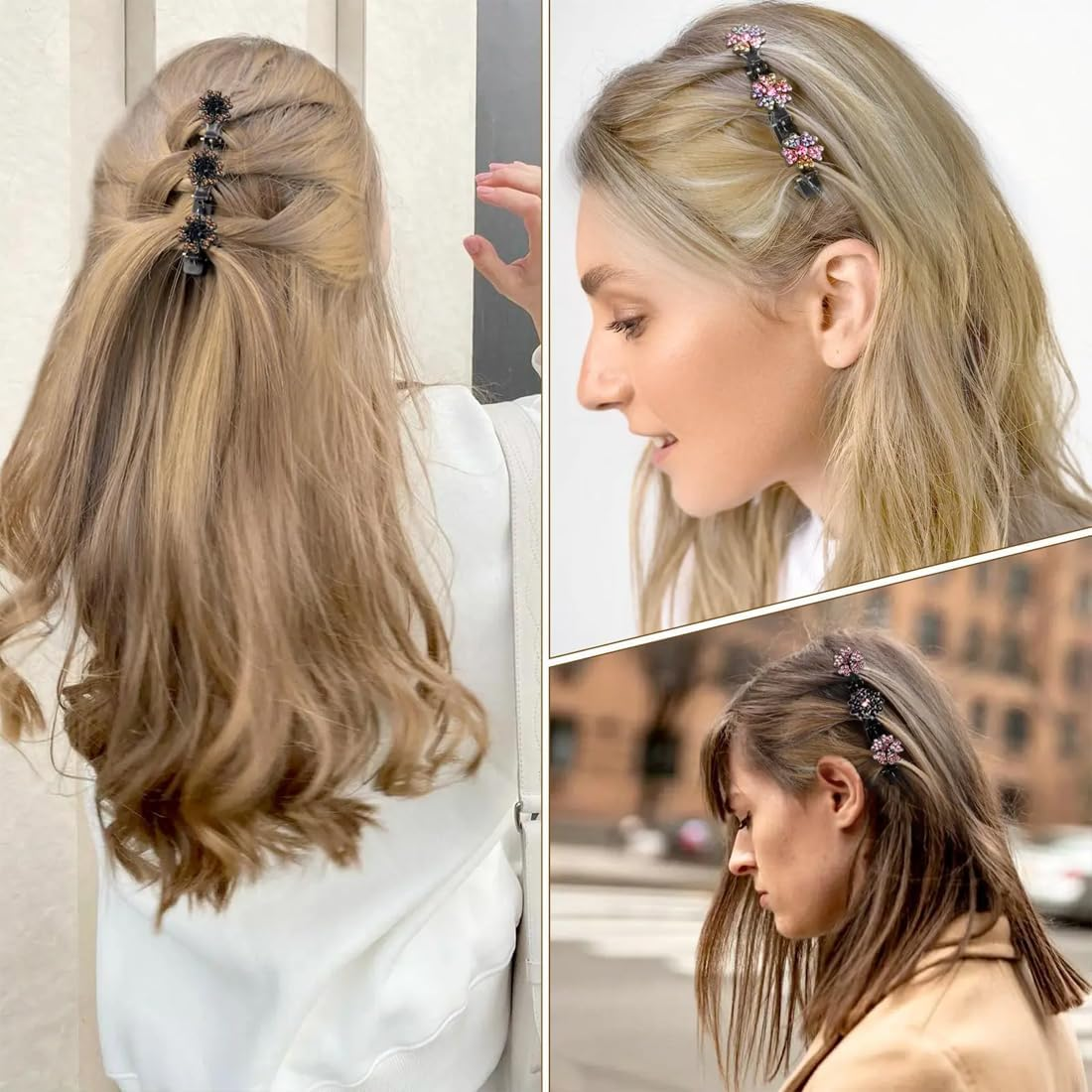 BIRLOZA Pack of 4 Five Leaf Clover Hair Clips, Delicate Four Leaf Clover Hair Clips, Colourful, Sparkling Crystal Hair Clip Flower