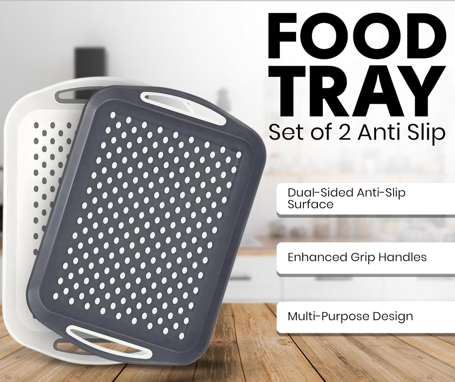 Non-Slip Serving Tray Set, Rectangular Food Trays with Handles, Pack of 2