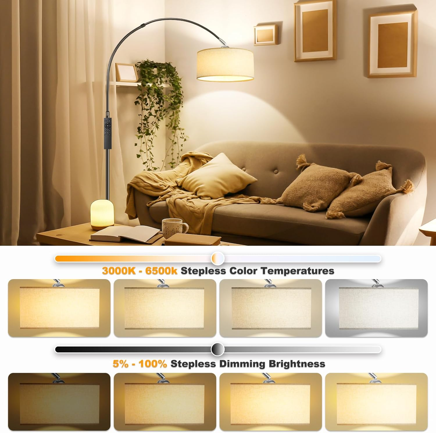 NUFECARG Arc Floor Lamp, 9W 1000LM Modern Floor Lamp with Contactless Control, Hanging Drum Shade Standing Lamp with Marble Base, Adjustable Stepless Colors & Brightness, Black image number 4