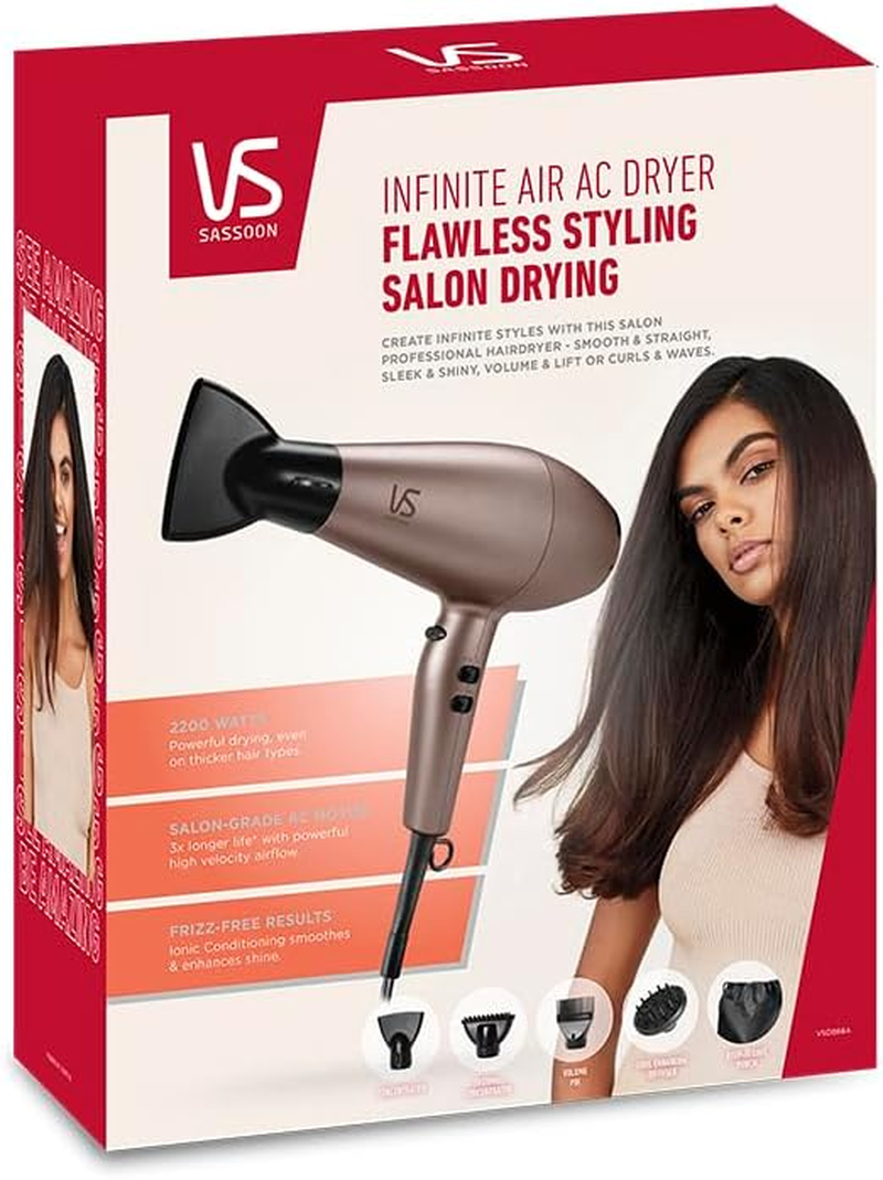 VS Sassoon Infinite Air AC Hair Dryer, 2200W Powerful Salon-Grade Motor, Ionic Conditioning, Ceramic Technology, 4 Styling Attachments + Storage Pouch image number 1