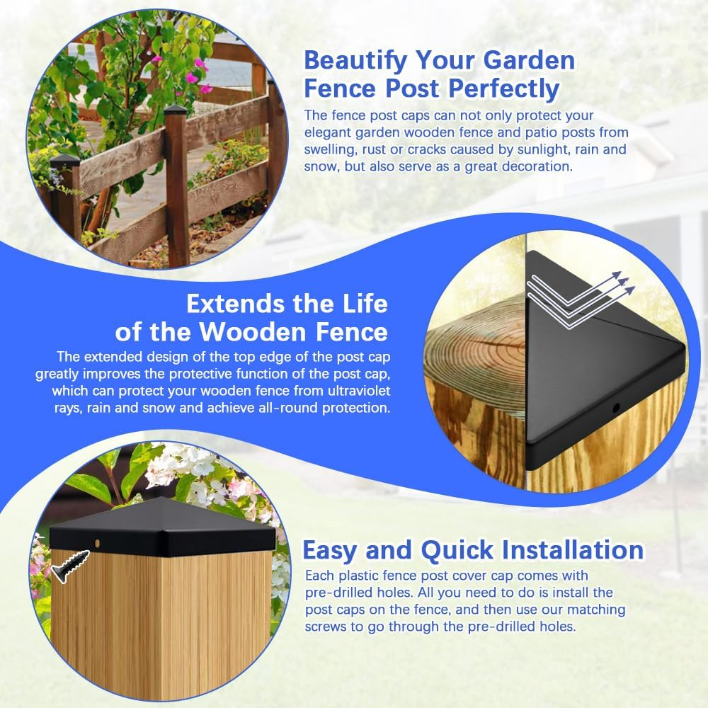 TANCUDER Pack of 10 Post Caps, 10 X 10 Cm, Fence Post Caps, Plastic Fence Post Attachments, Square Fence Post Protection Caps with 20 Screws for Wooden Post Fences and Patio Posts image number 3