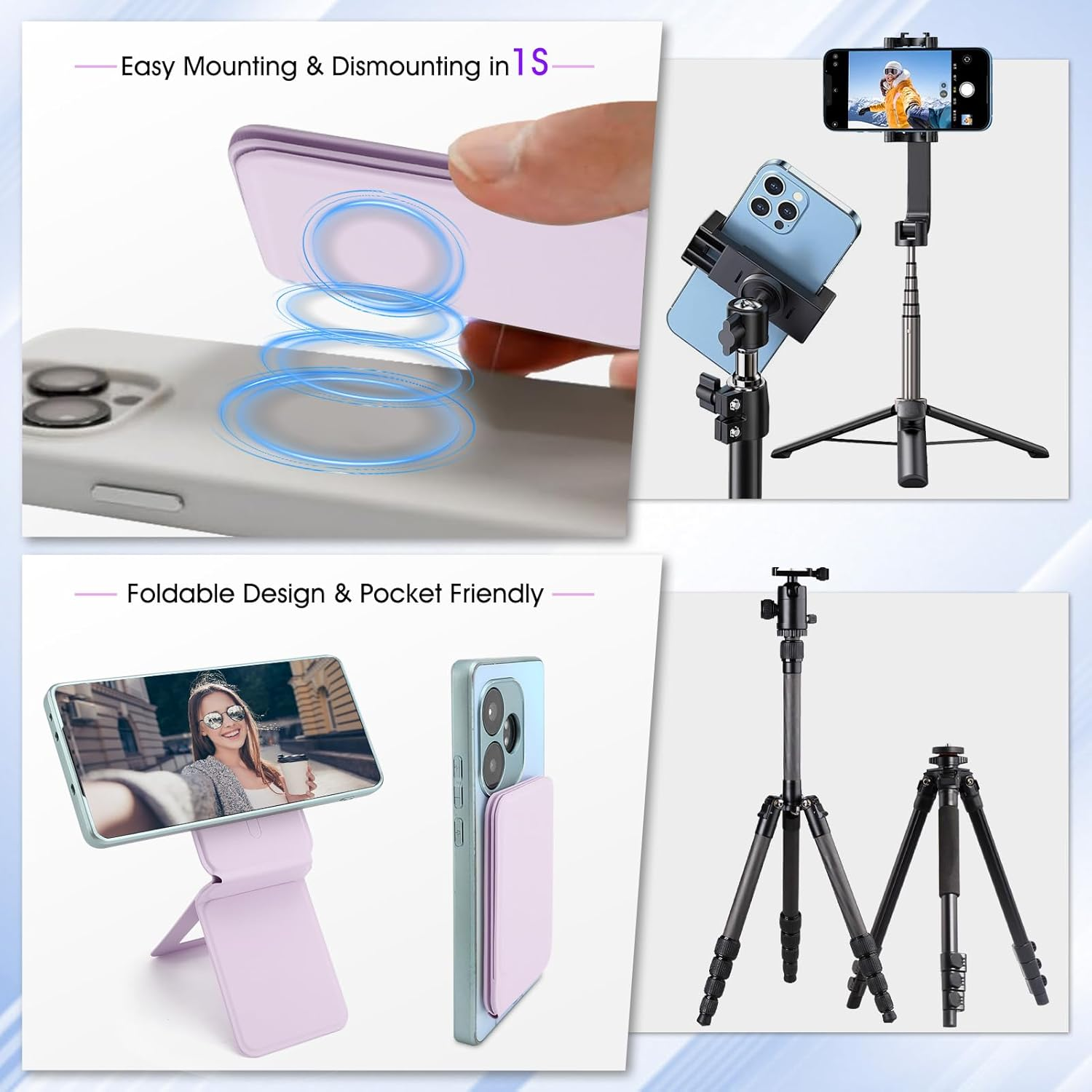 Phone Stand, Foldable Magnetic Phone Tripod, Angle Adjustment & Strong Magnets PU Leather Phone Stand, Compatible with All Smart Phone 16/15/14/13/12 (Purple)