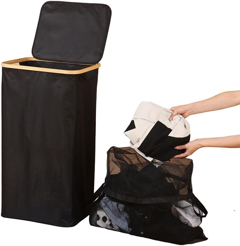 Laundry Hamper with Lid, Large Foldable Laundries Hampers, Slim Laundry Hampers with Lid, Cloth Storage Basket, Black Hamper for Laundriese, Removable Inner Bag, Narrow Laundries Basket image number 2