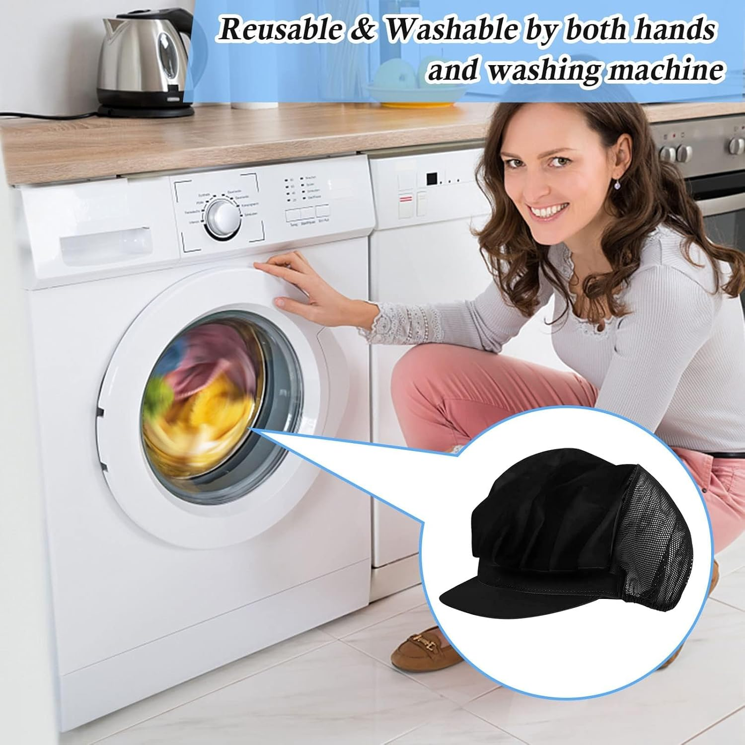 Hair Nets with Brim, 2PCS Elastic Chef Hats for Women & Men, Kitchen Hairnets for Food Service, Adjustable Black image number 6