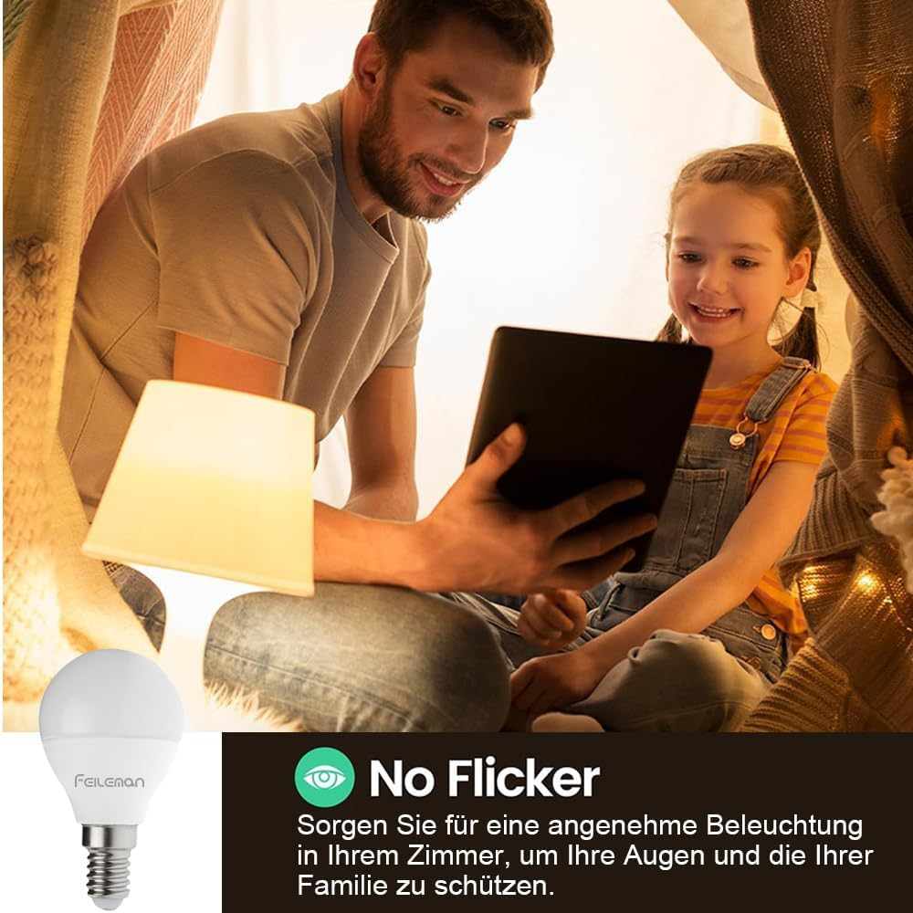 FEILEMAN E14 LED Light Bulbs Small Edison Screw P45/G45 2700K Warm White 8W (Replaces 70W) 880LM Super Bright E14 SES Golf Mini Globe Bulb No Dimmable, Pack of 6 image number 1