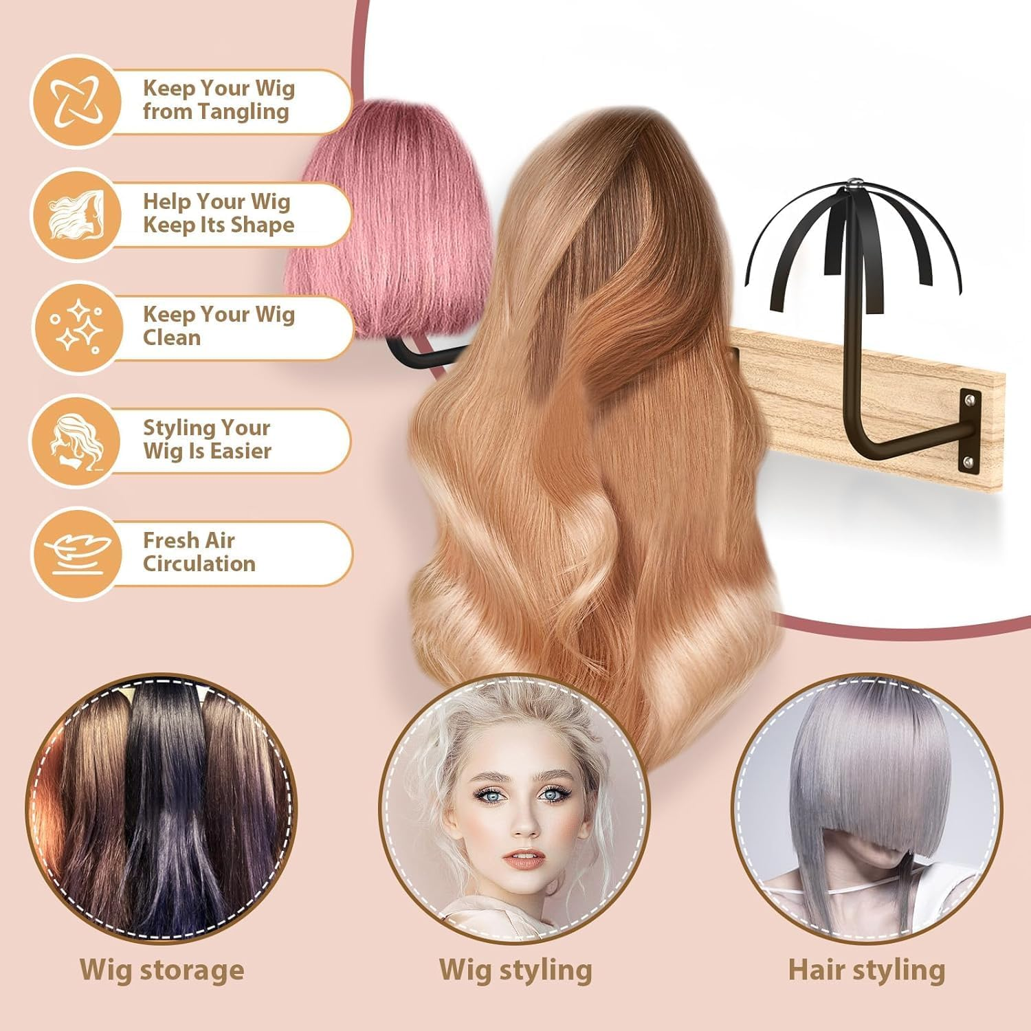 Holdonelight Wall Mounted Wig Stand Multi Wig Holder Storage Styling image number 6