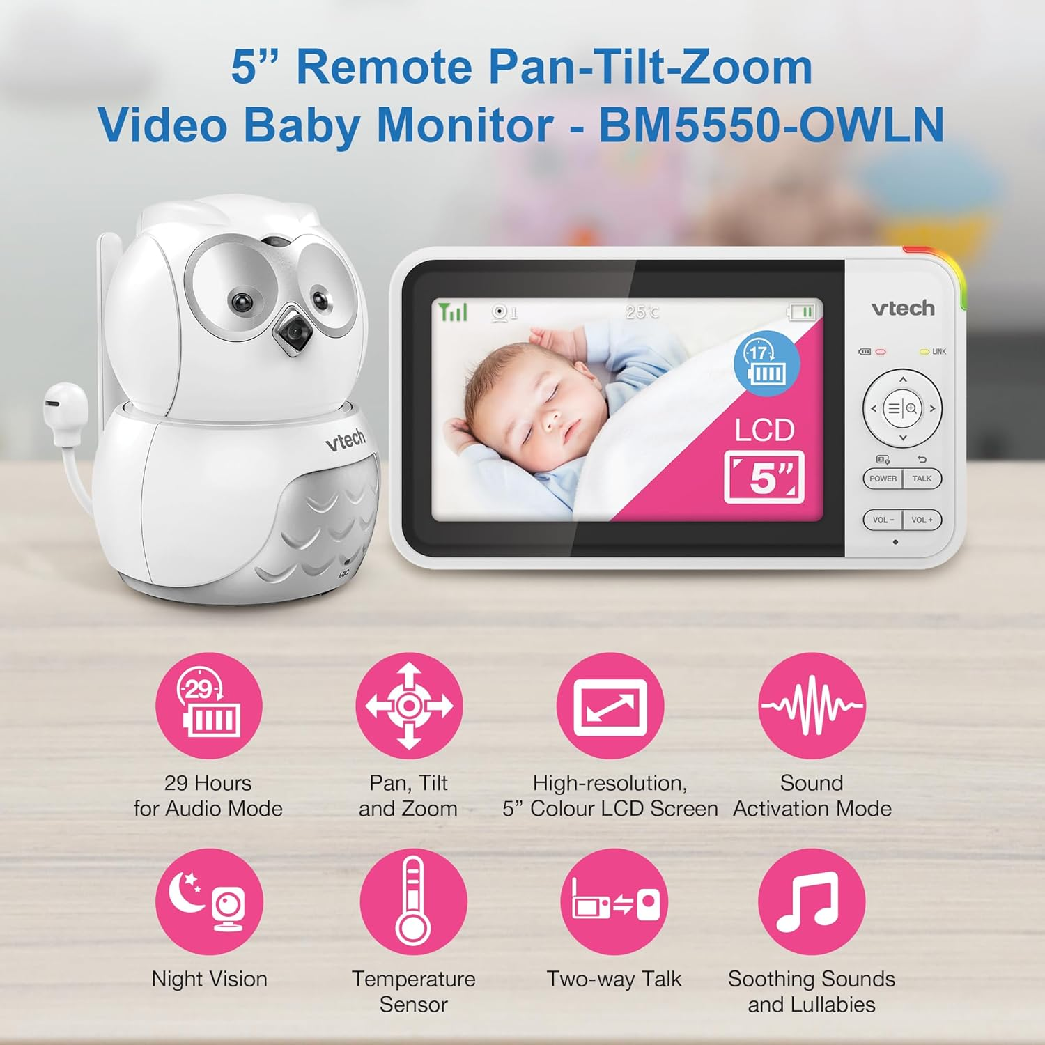 Vtech BM5550-OWLN 5" 2-Camera Full Colour Pan & Tilt Video & Audio Baby Monitor with 2-Way Talk, Soothing Sounds, Room Temperature Monitor, up to 17 Hours Battery Life image number 3