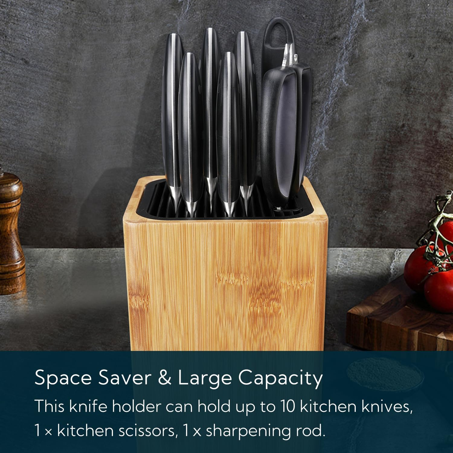 Deluxe Universal Knife Block with Slots for Scissors and Sharpening Rod Bamboo Knife Holder for Safe, Space Saver Knives Storage - Unique Slot Design to Protect Blades - by KITCHENDAO image number 1