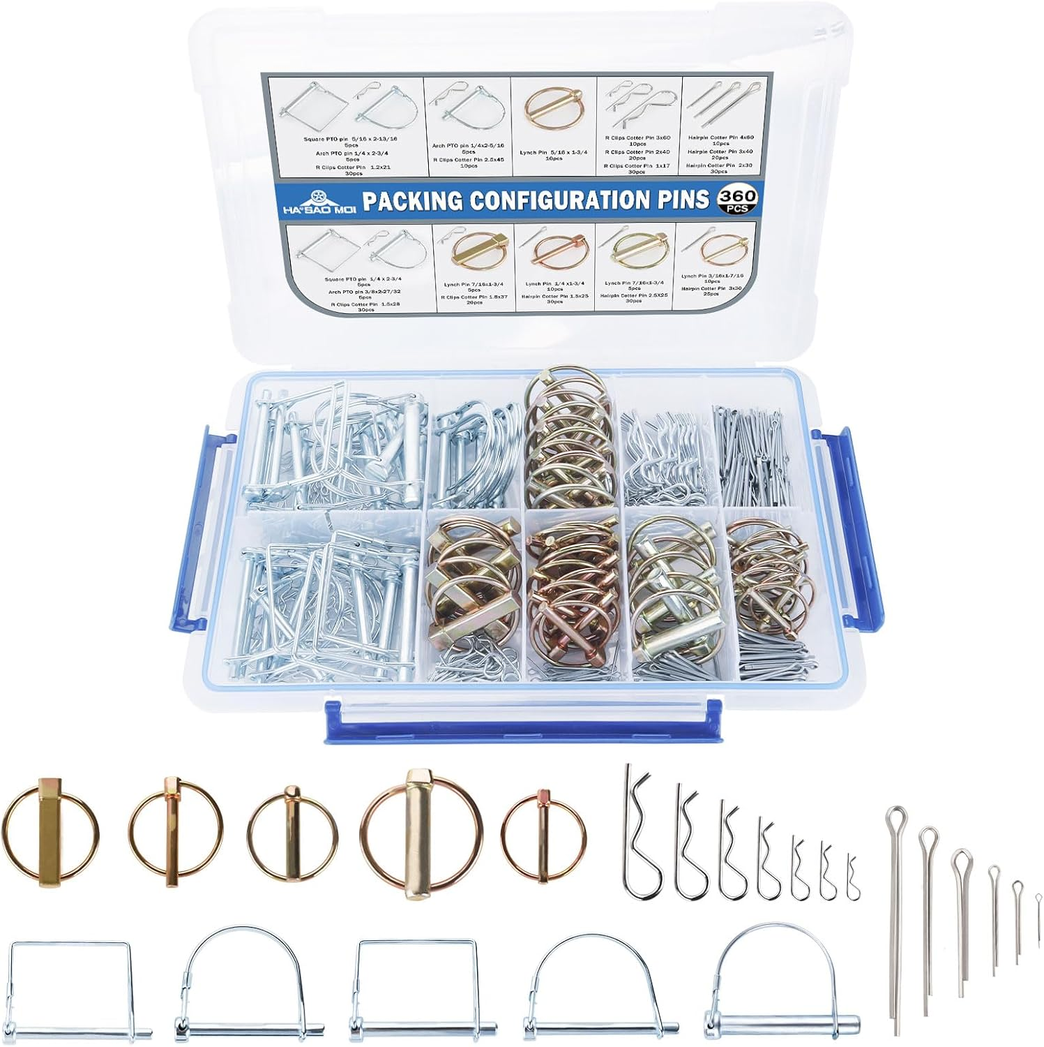 360Pcs Heavy Duty Pin Assortment Kit - Hitch Pins R Clip Pins - Hair Pins- Lynch Pins - PTO Pins - for Trucks Trailers Tractors Mowers 3 Point Accessories, Farm,Lawn,Hitches,And Garden image number 5