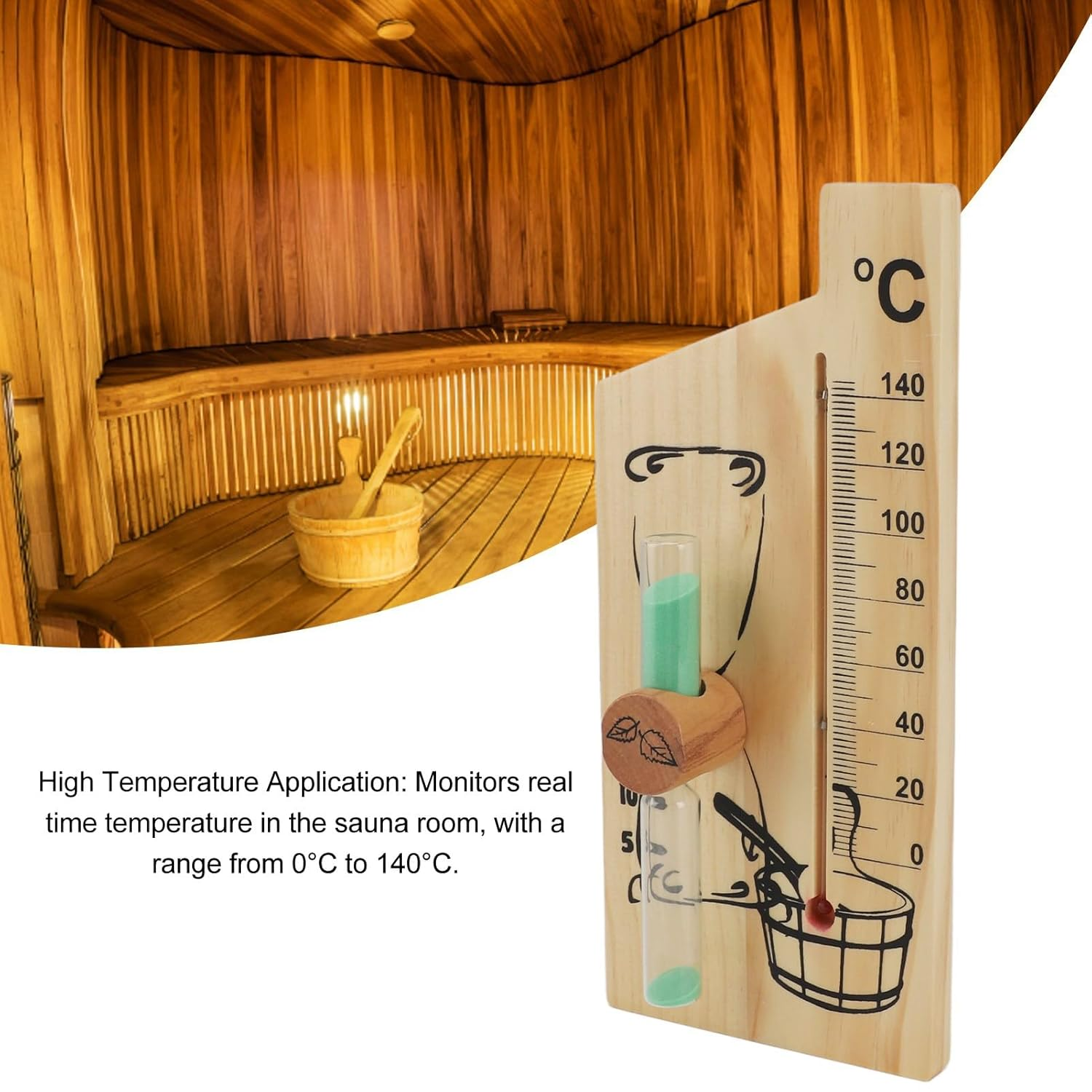 Sauna Thermometer Sand Timer, 2 in 1 15 Minute Hourglass Sand Timer 0 to 140℃ Sauna Thermometer Wall Mount Wooden Sauna Temperature Gauge Sauna Sand Timer for SPA Room image number 4