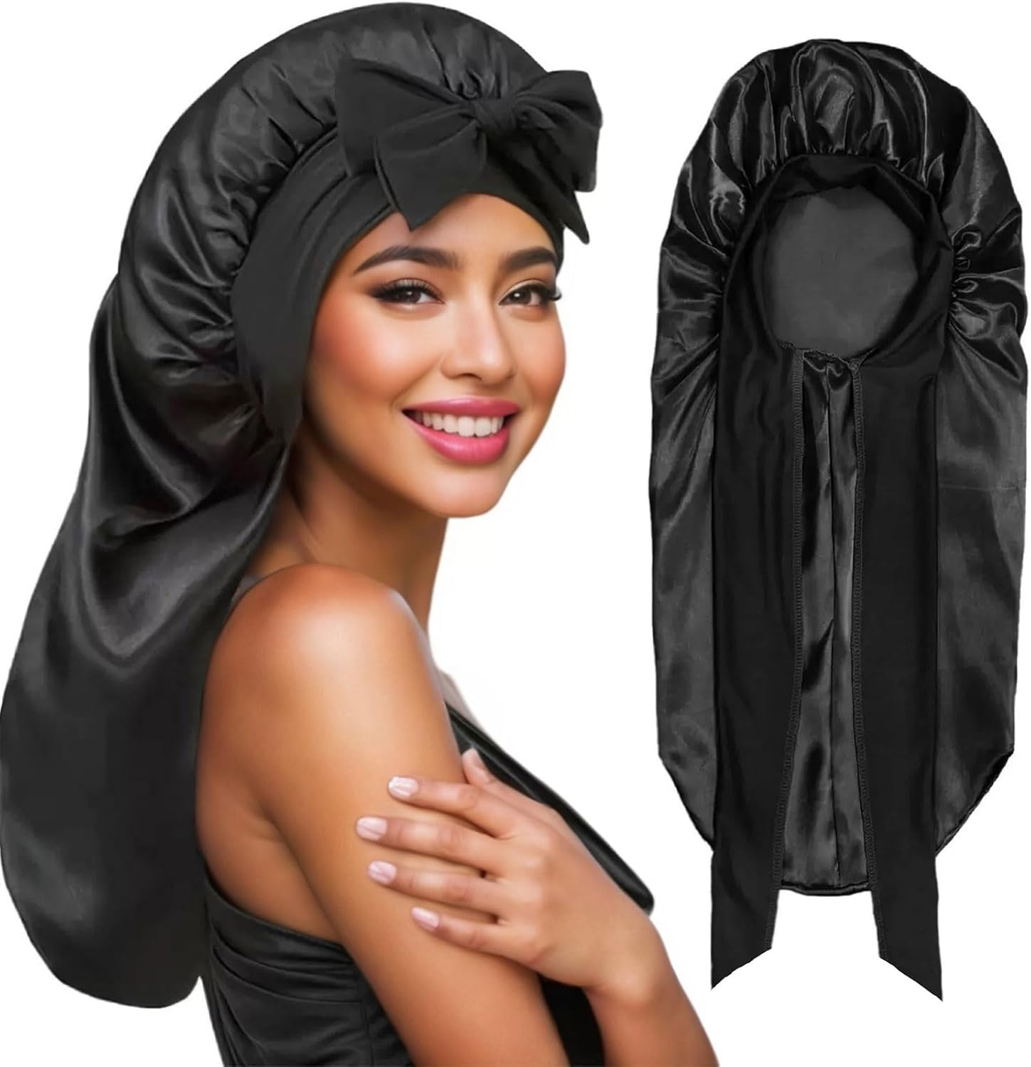Xolixorium Braid Bonnet Extra Long - Satin Silk Bonnet for Sleeping with Tie Band, Foldable Hair Wrap for Braids & Natural Hair Sleep Cap (Black) image number 5