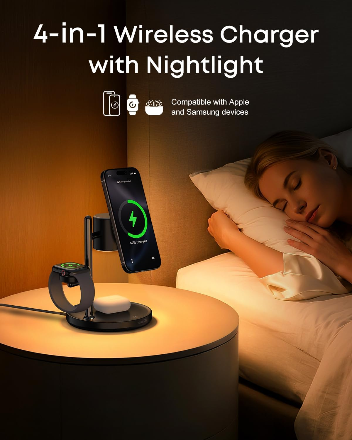 TOUGH on Magmore 4 in 1 Wireless Charger, Qi2 Certified 15W Fast Charging Station with Dimmable Night Light, Magsafe-Compatible Stand for Iphone 17/16/15, Apple Watch, Airpods, Samsung Galaxy Devices image number 3