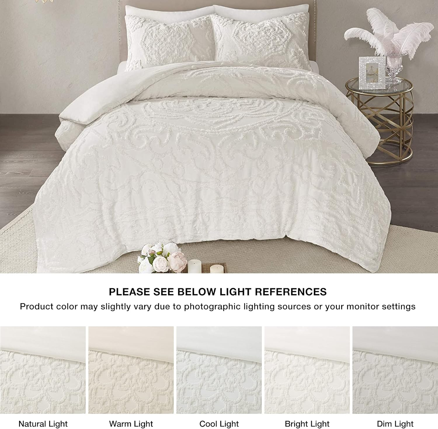 Madison Park Laetitia Comforter Bohemian Tufted Cotton Chenille, Medallion Shabby Chic All Season down Alternative Bed Set with Matching Shams, Floral off White Full/Queen(90"X90") 3 Piece image number 4