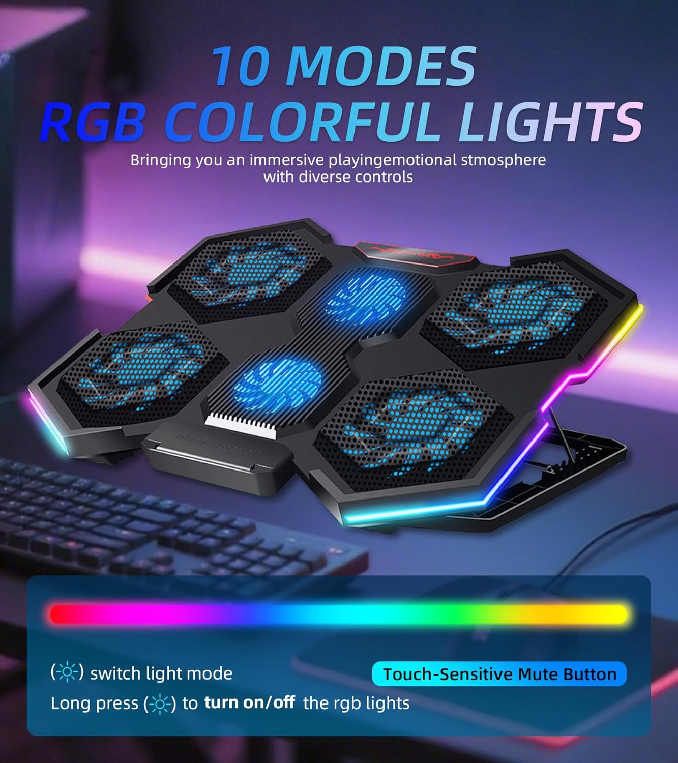 Upgraded Laptop Cooling Pad - RGB Lights Laptop Cooler with 6 Quiet Fans Adjustable Cooling Stand for 12-18 Inch Laptops, Dual USB Ports, Gaming Cooling Pad for Desk or Lap Use
