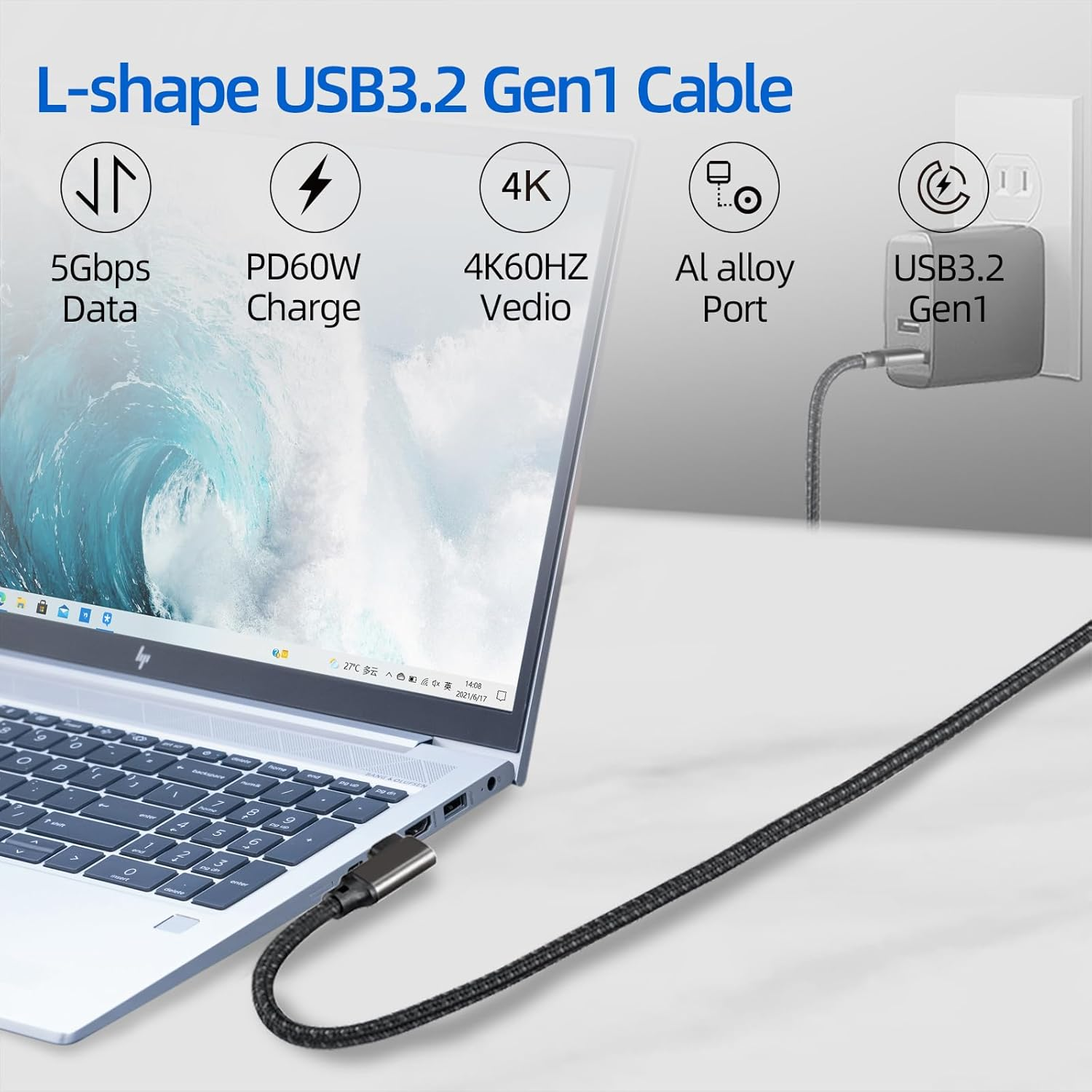 USB C to USB C 3.2 Gen1 5Gbps PD 60W Cable [17Ft Nylon Braided L-Shape], Sisyphy 4K@60Hz Monitor Video Cable Compatible with Surface, Macbook Pro/Air, Ipad Pro, Pixel and More Type-C Devices image number 6