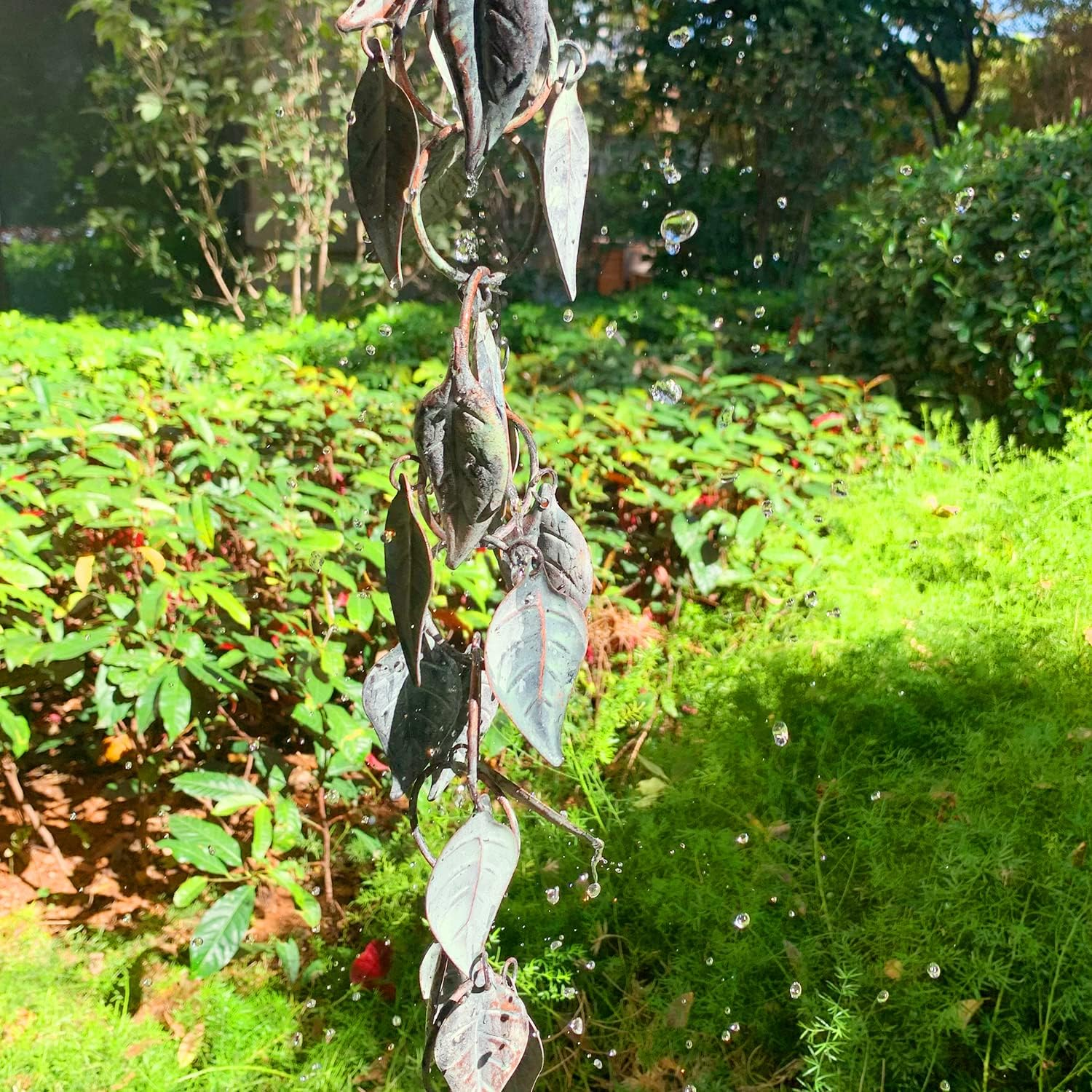 8.5 FT Rain Chain, Rain Chains for Gutters, Metal Rain Chain Downspouts, Circle with Leaves Rain Gutter Chains, Metal Rain Catcher for Outside, Decorative Your House and Garden, Verdigris image number 5
