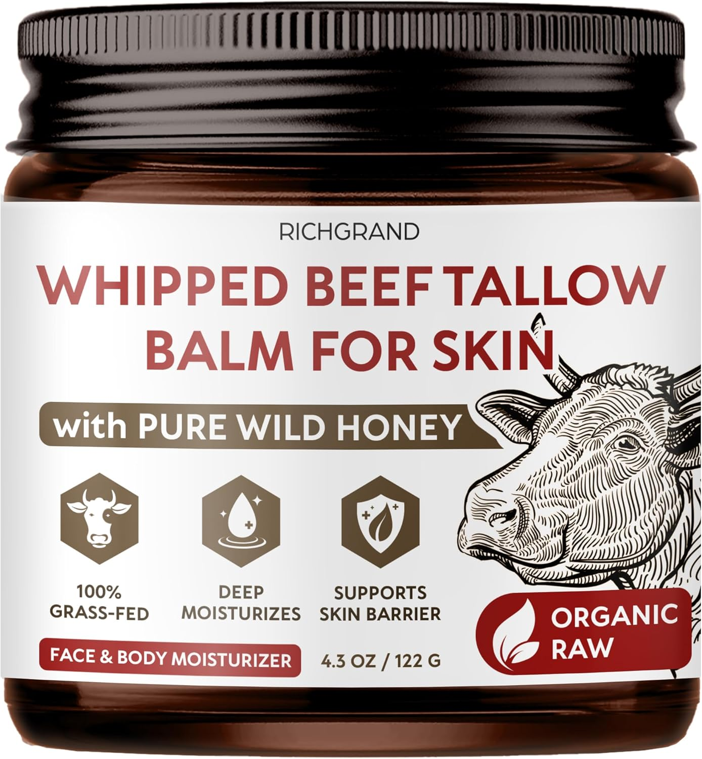 Beef Tallow for Skin - Whipped Grass-Fed Moisturizer with Wild Honey & Beeswax, Natural Face & Body Care, Deep Hydration, Anti-Aging, Sensitive Skin Safe, 100% Organic Balm (4.3 Ounce (Pack of 1)) image number 1