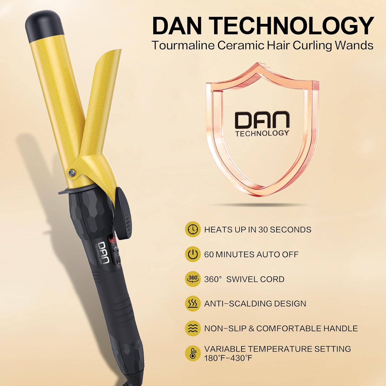 DAN Technology 1 1/4 Inch Tourmaline Ceramic Hair Curling Iron/Wand with LCD Screen, Suitable for Hair DIY, Hairdressing Beauty School, Hair Salon, Fast Heating, 60 Min Auto off (Gold Black) image number 3