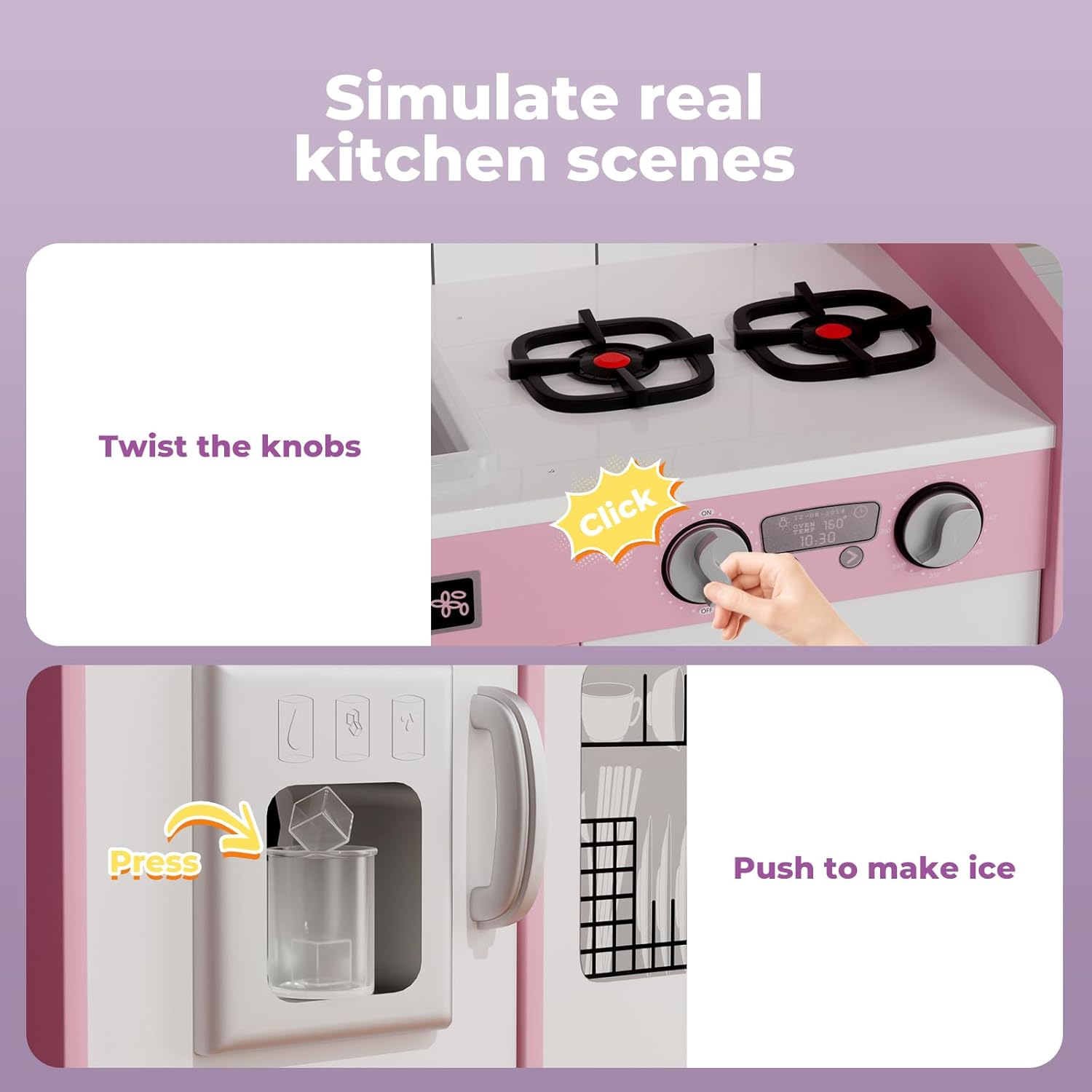 Bopeep Kids Kitchen Playset, Wooden Pretend Play Kitchen, Sink, Faucet, Stove, Microwave, Oven, Utensils, Ice Maker, Dishwasher, Towel Rack & Sweet Accessories, for Boys Girls Aged 3+, Pink