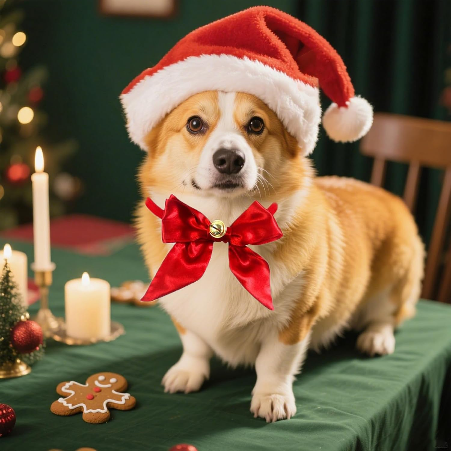 Christmas Dog Costume, 1 X Christmas Hat and 1 X Bell Butterfly Knot, Dogs, Cats, Christmas Costume, Ideal for Christmas Photos and Family Celebrations (Red) image number 3