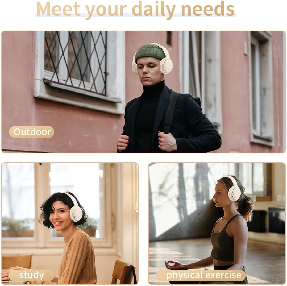 Slub Wireless Headset over Ear, Foldable Bluetooth Headset, HD Stereo Sound, Built-In HD Microphone, 30 Hours Playtime, Suitable for Mobile Phone, Computer, TV, Games, Outdoor, Office (Khaki) image number 2