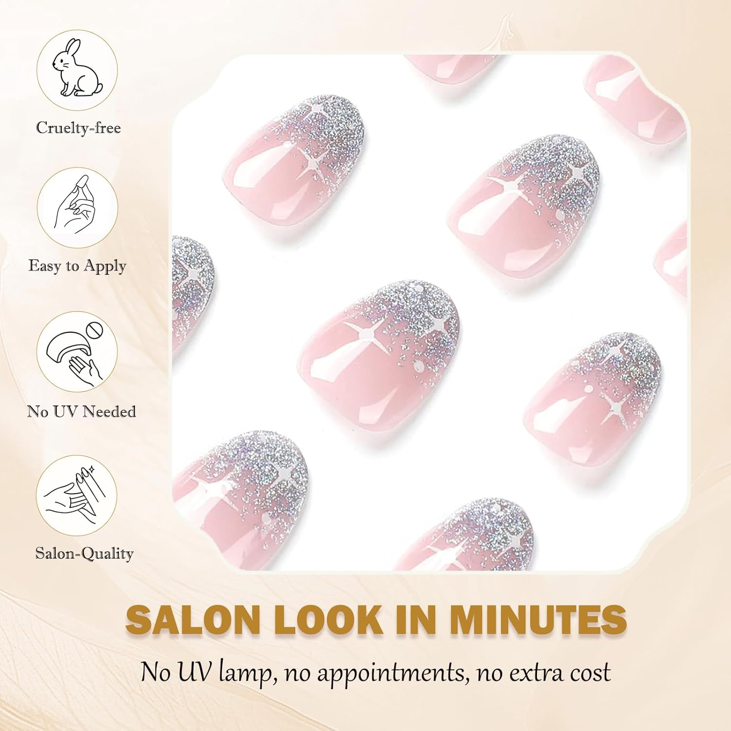 24PCS Nude Pink Glitter French Press on Nails &ndash; Short Oval Silver Star Tip Fake Nails, Reusable Full Cover Glossy Stick-On with Jelly Adhesive for Everyday Wear & Holiday Look