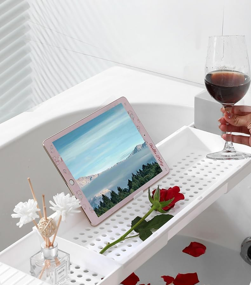 Expandable Drain Bath Shelf Caddy Tray,Clear Plastic Anti-Slip Bath Tub Shelf Caddy Tray,Multifunctional Plastic Bathtub Tray Bathtub Storage Rack for Candle Towel, Book, Wine, Phone, Shower (Black)