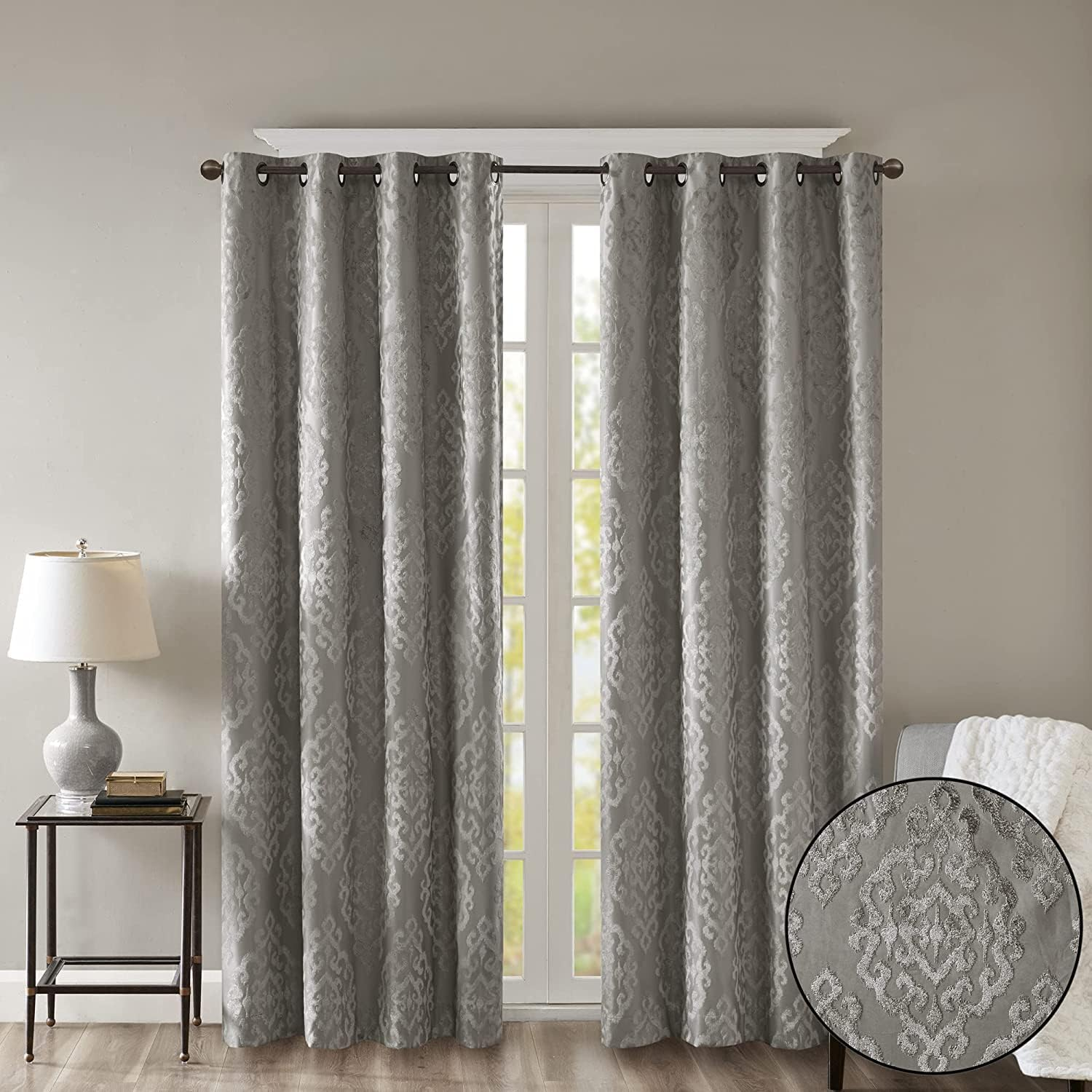 Sun Smart Mirage 100% Total Blackout Window, Knitted Jacquard Damask Room Darkening Curtains Panel with Grommet Top, 50X84, Navy