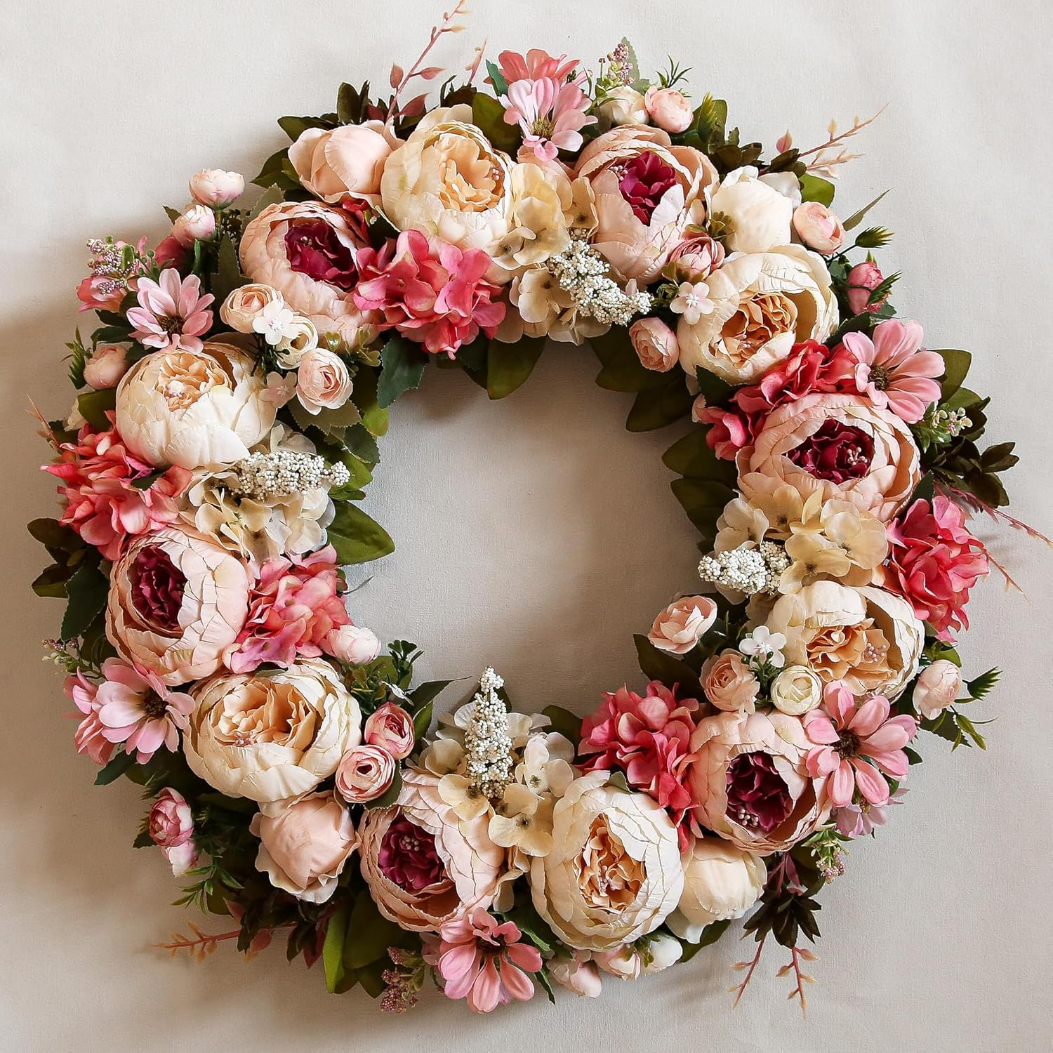 Peony Wreath 23" Floral Artificial Wreath for Front Door Wall Decor Home D&eacute;cor Festival Celebration Wedding Party New Owners Seasonal Decoration Housewarming Gifts Ezsenses (White)