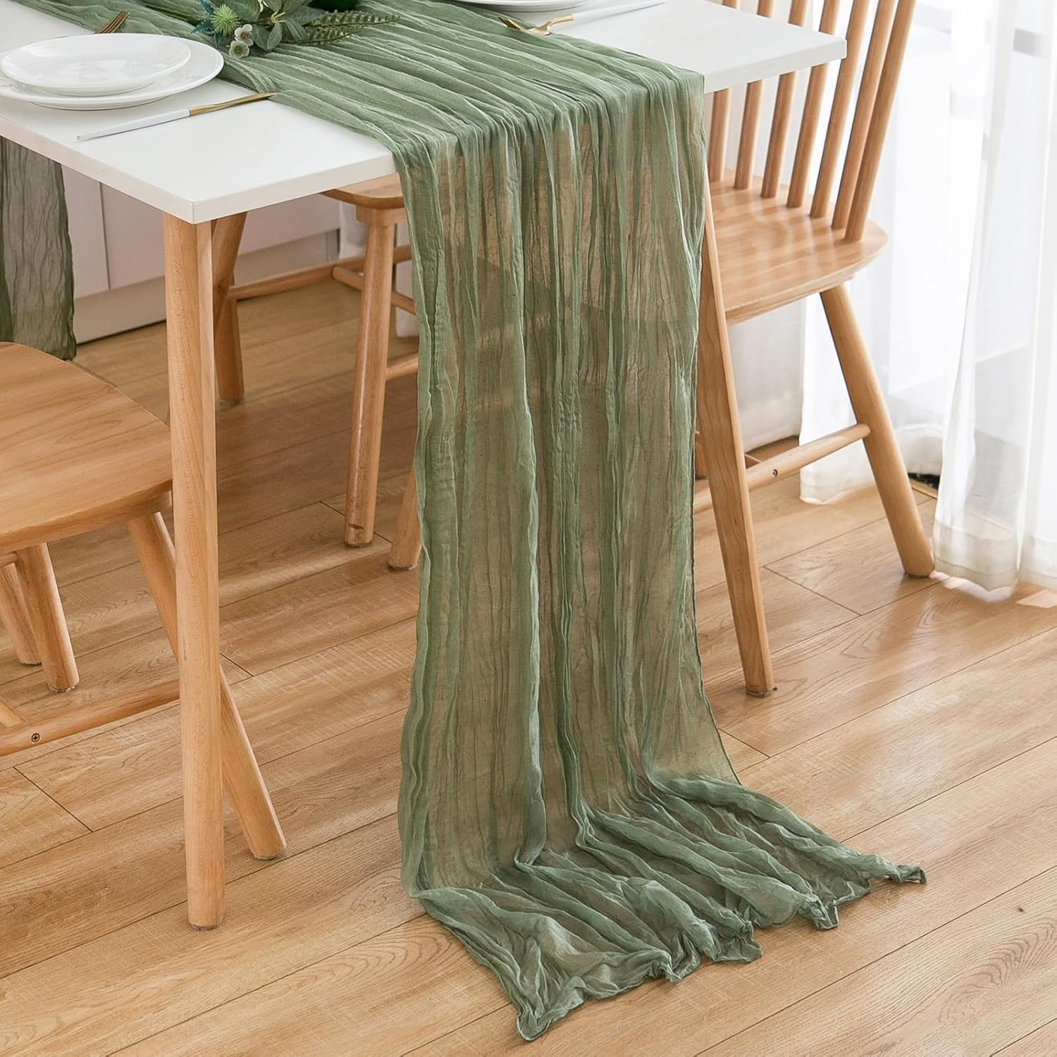 CHUQING Cheesecloth Table Runner Sage Green 27 X 118 Inch Cheese Cloth Boho Rustic Gauze Table Runner for Wedding Spring Easter image number 1