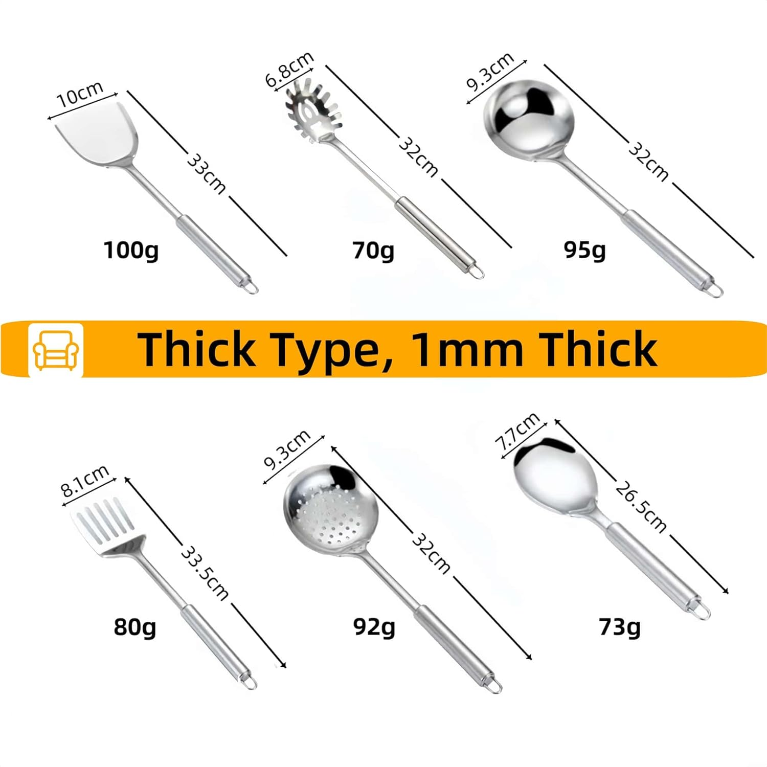 HOLADAWN Stainless Steel Kitchen Cooking Utensil Set - 6 Pcs Premium Serving Utensils with Spatula, Slotted Turner, Soup Ladle, Skimmer Spoon, Pasta Spoon, Serving Spoon image number 5