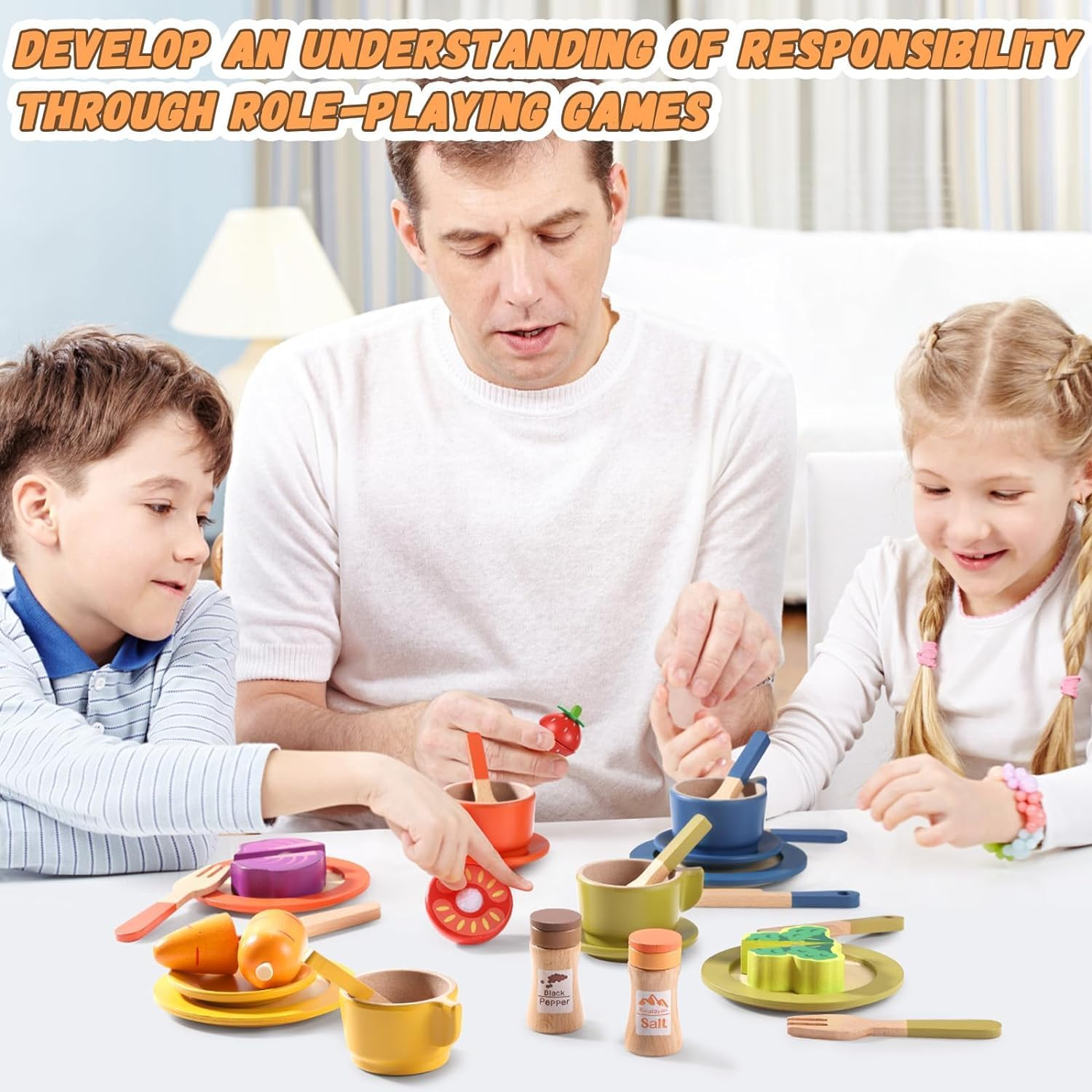 XICEN Wooden Dish Set for Kids, Play Dishes for Kids Kitchen, Wood Plates Set for Toddler, Montessori Wooden Kitchen Toys Accessories image number 1