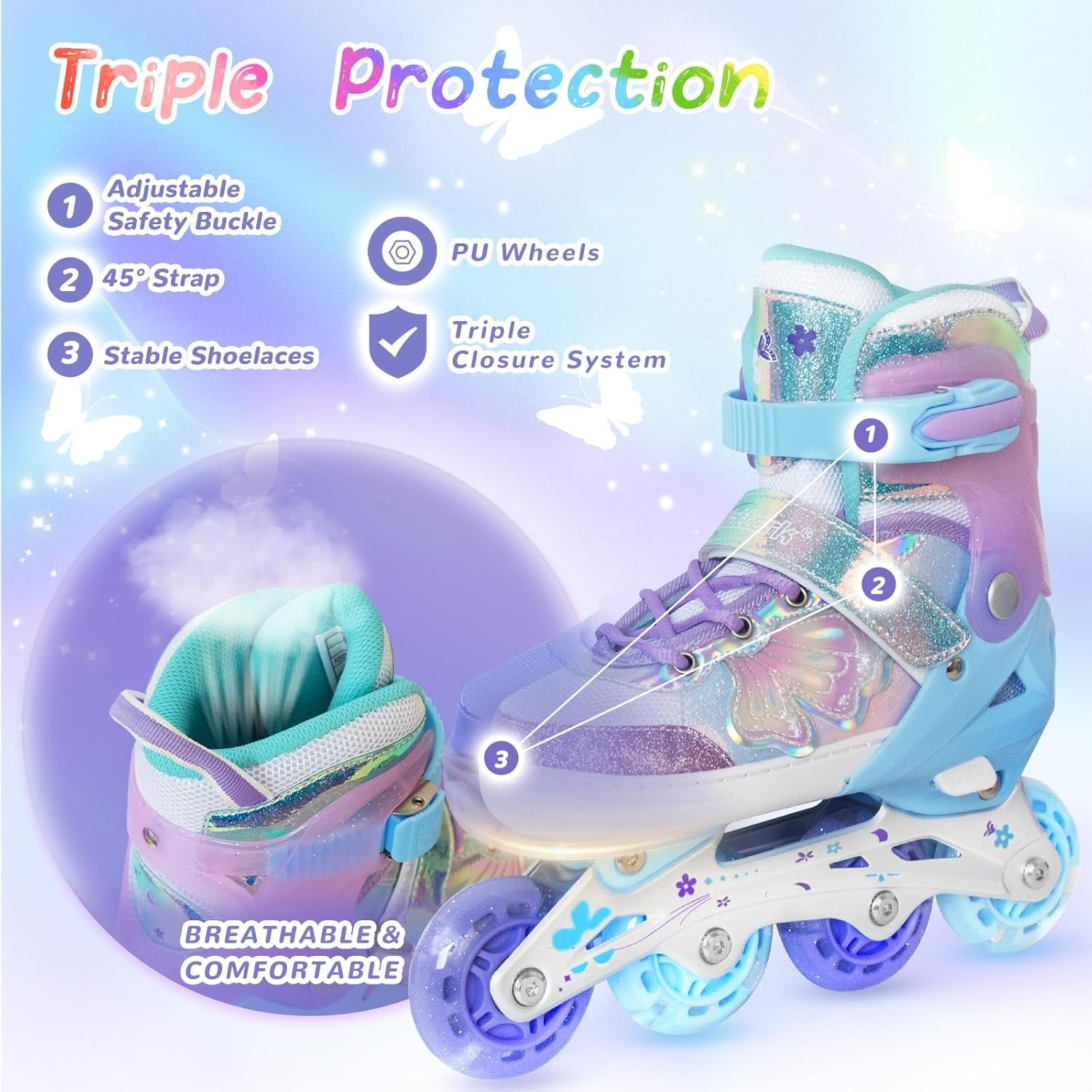 Nattork Kids Inline Skates Butterfly and Flower for Boys Girls Kids, 4 Sizes Adjustable Quad Skates with All Light up Wheels Indoor Outdoor Sports image number 2
