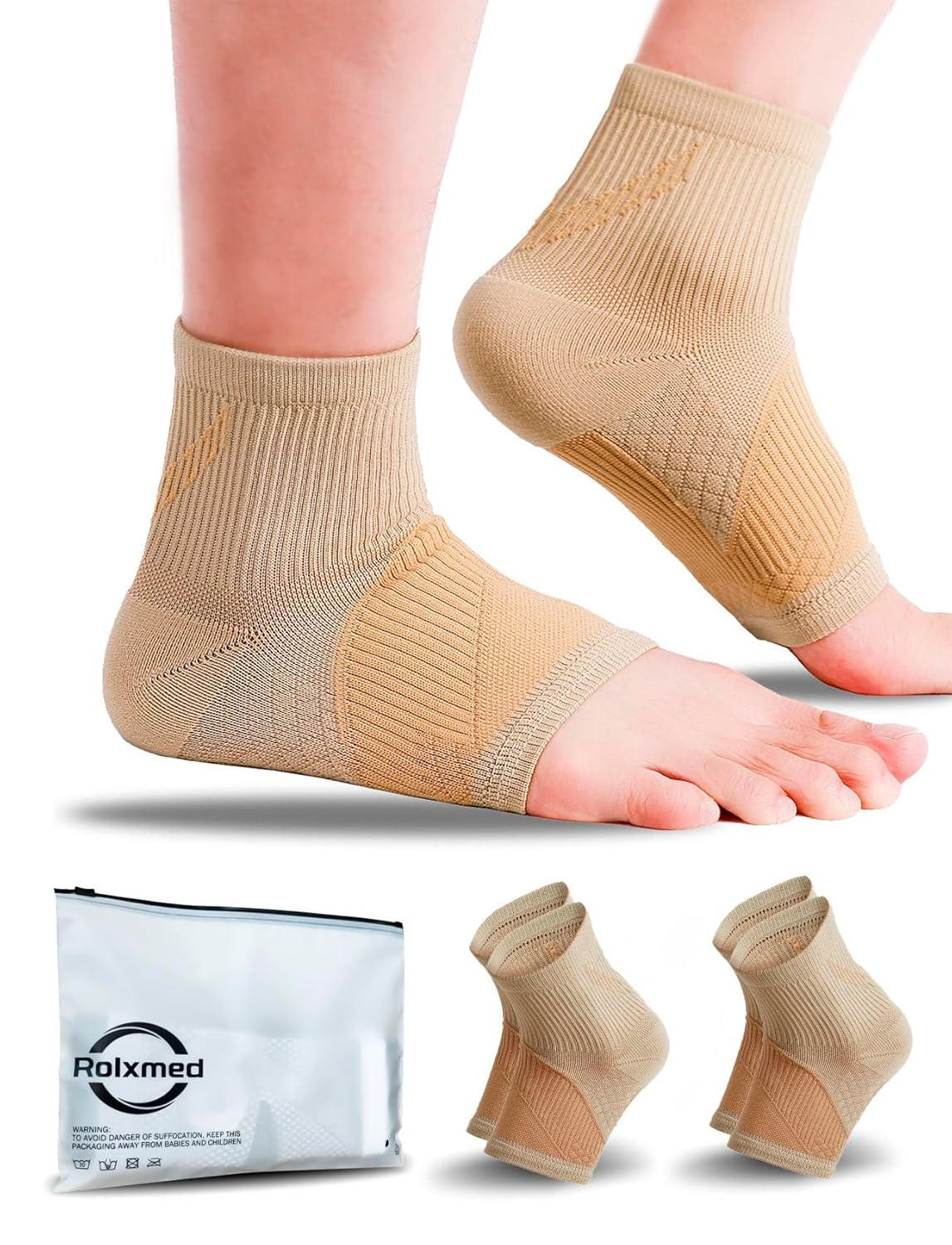 Rolxmed Ankle Support Brace Compression Sleeves for Plantar Fasciitis Neuropathy Relief Sport Socks for Men & Women (1Pair) (Black, L)