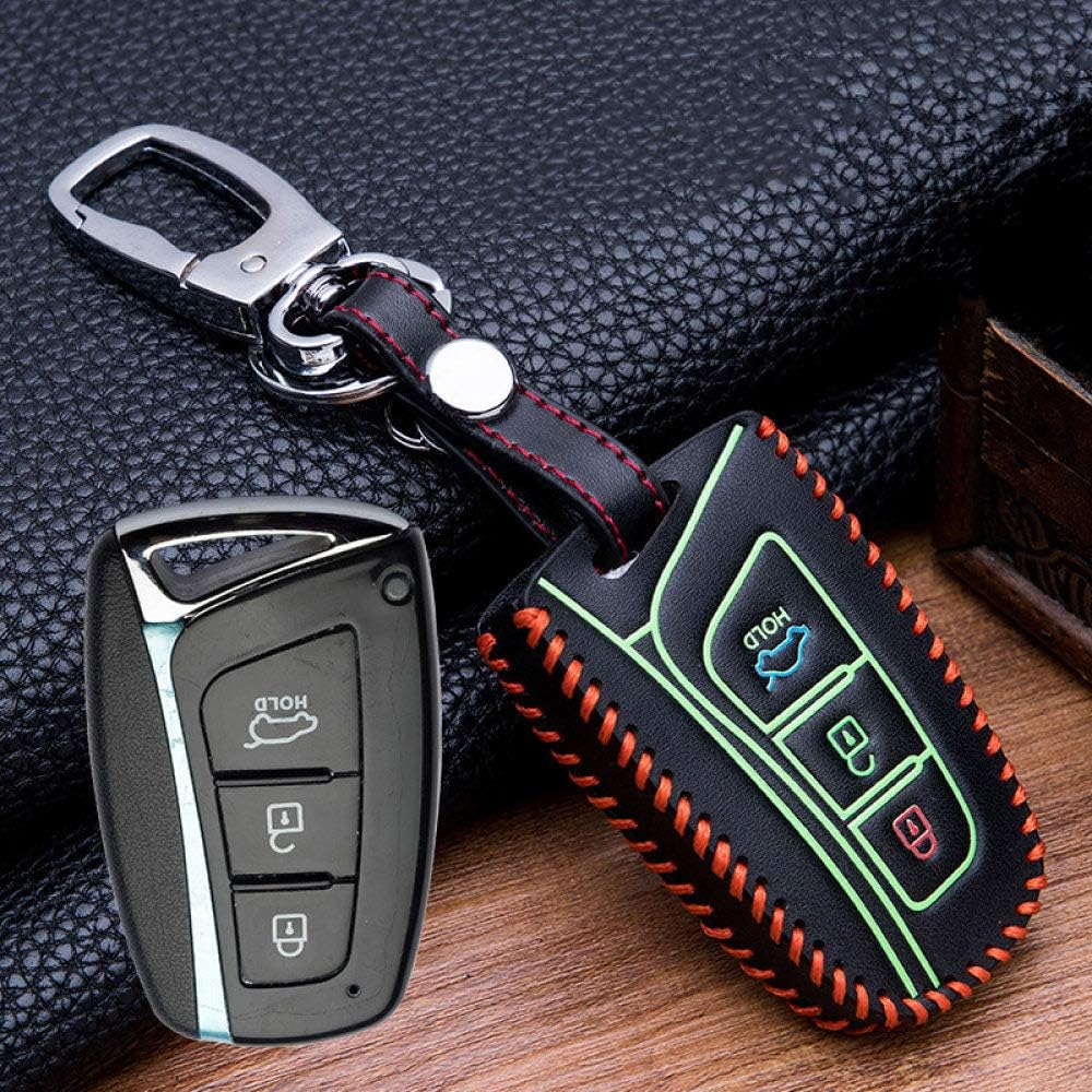 YJADHU Leather Men Women'S Key Holder Key Chain Car Key Case, Fit for Hyundai Grand Santa Fe IX45 Genesis EQUUS Azera 2013 2014 2015 2016,Blue